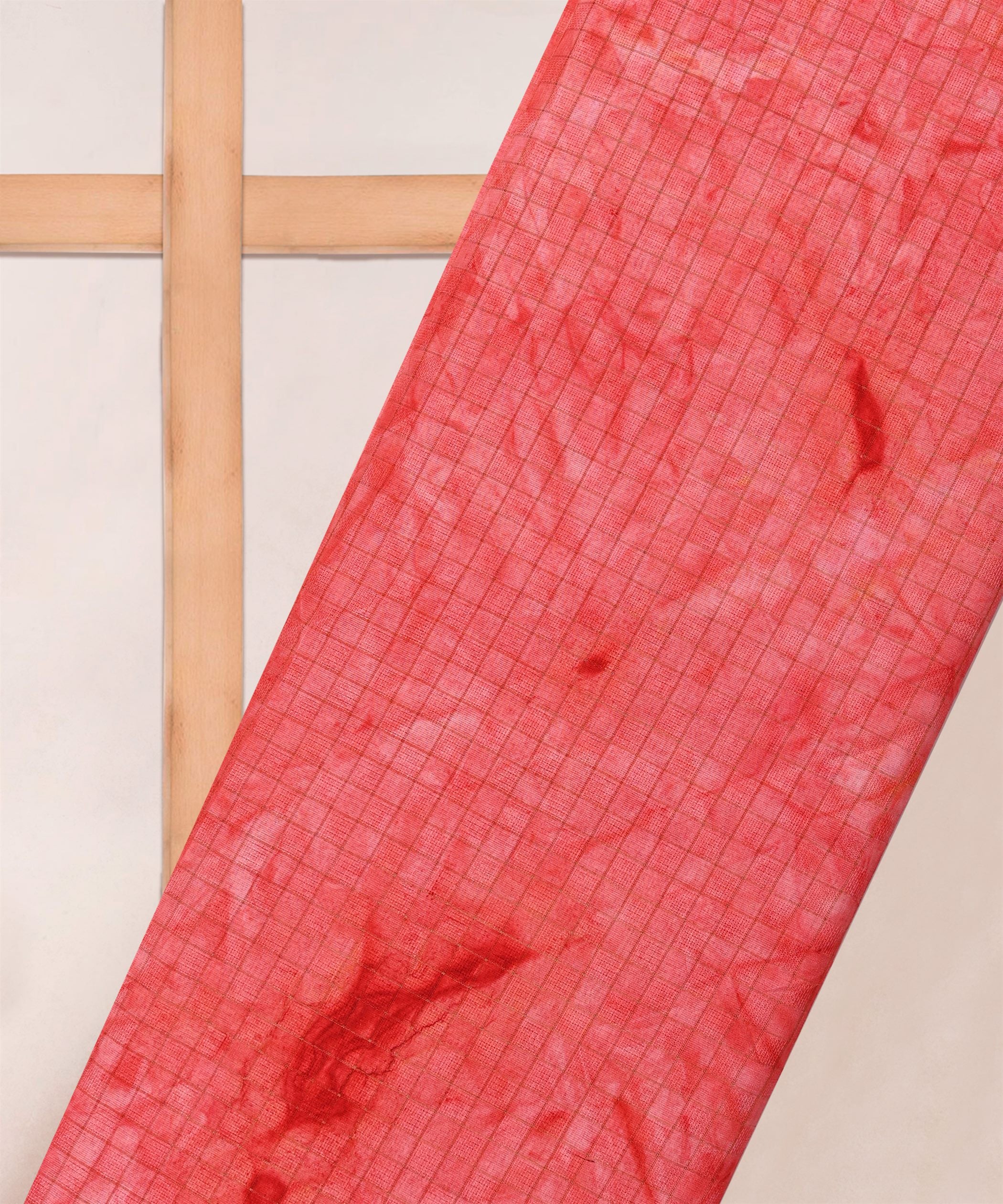Reddish Pink Jute Fabric with Checks and Shibori Print