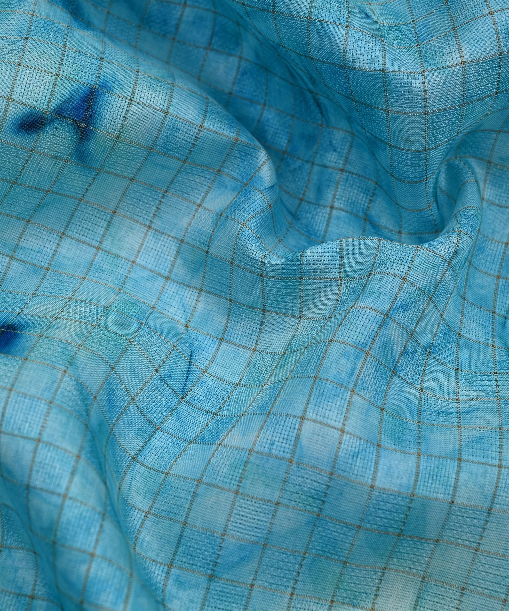 Sky Blue Jute Fabric with Checks and Shibori Print