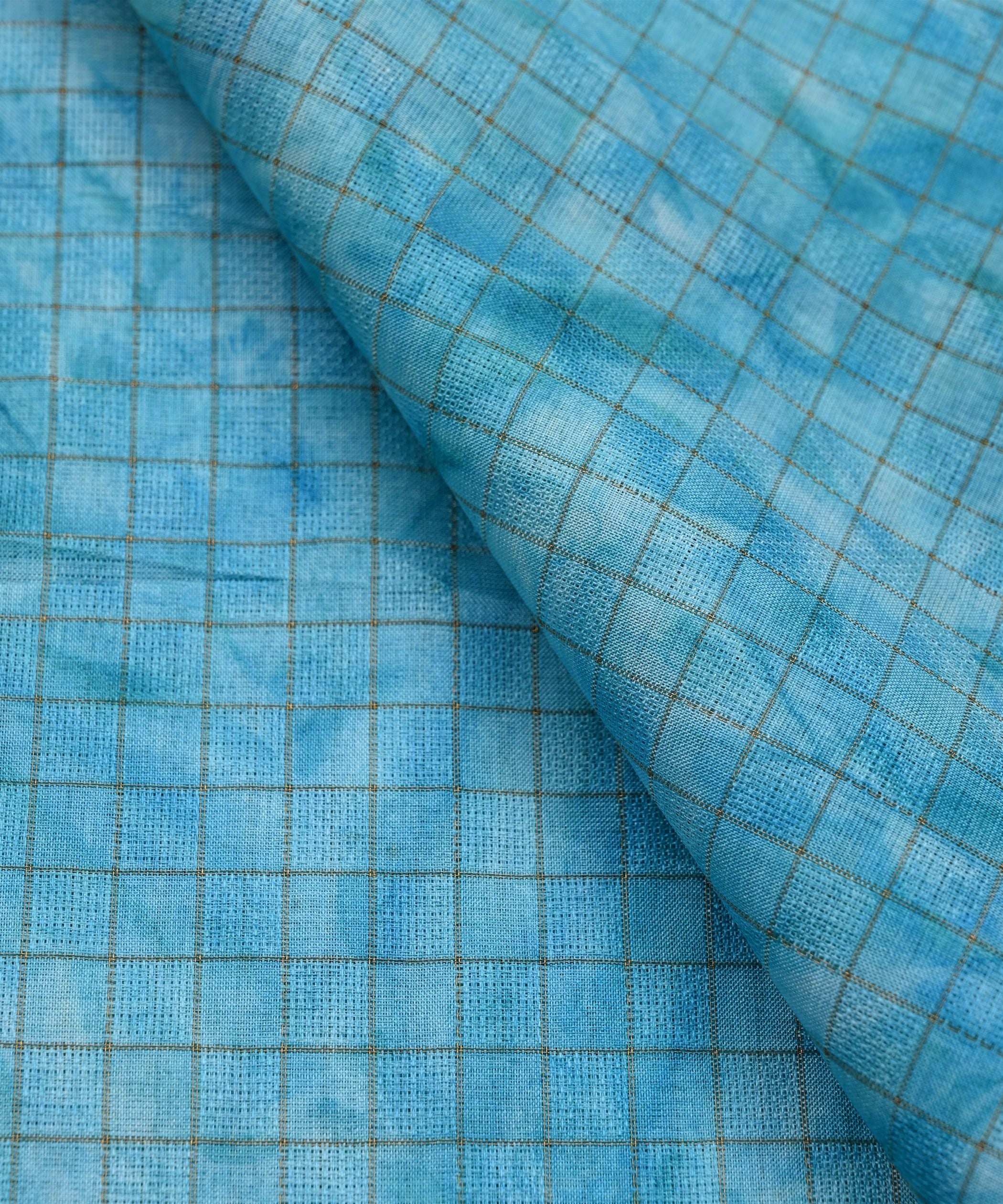 Sky Blue Jute Fabric with Checks and Shibori Print