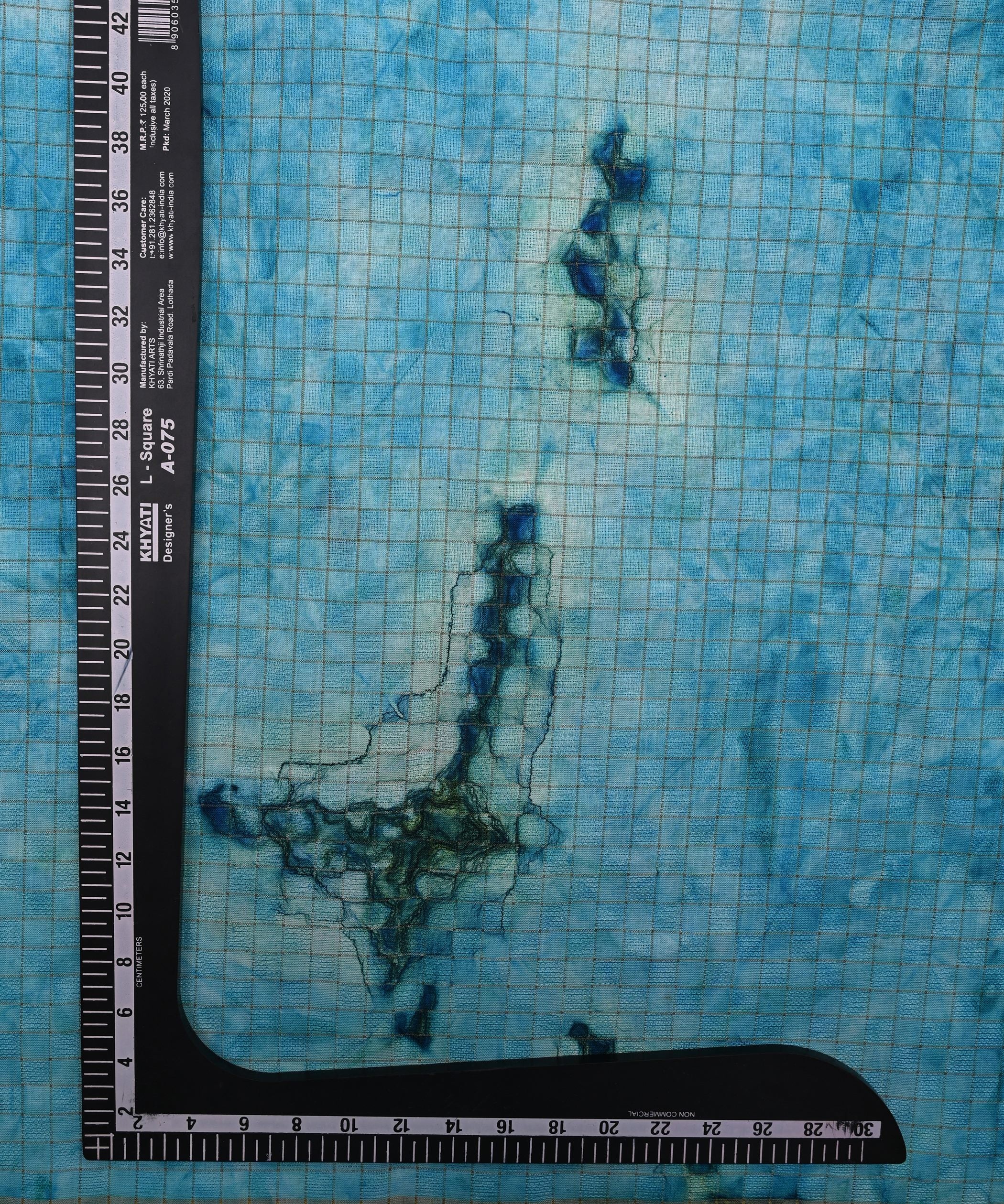 Sky Blue Jute Fabric with Checks and Shibori Print