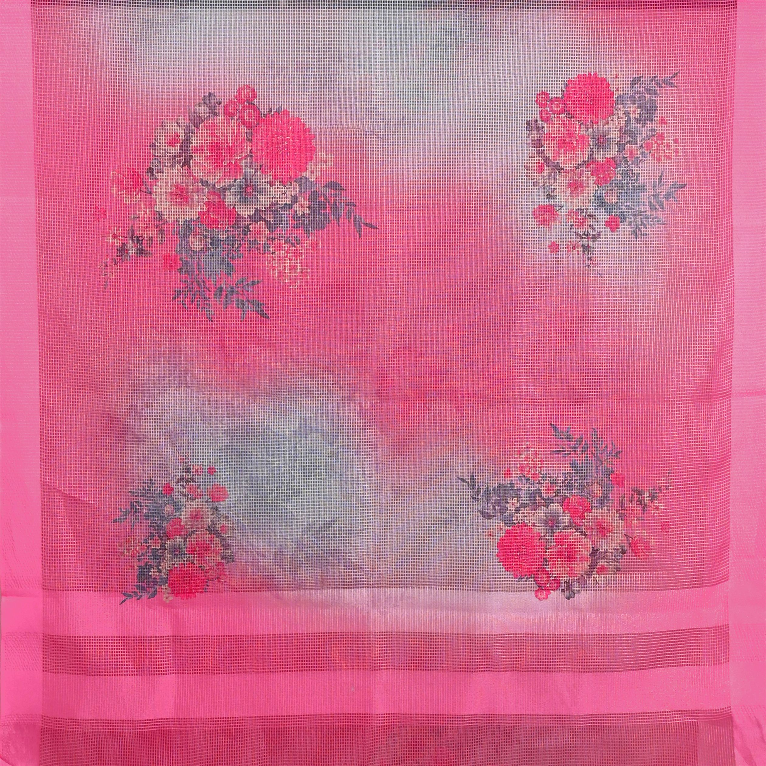Pink Digital Printed Kora Micro Satin Dupatta with Checks-FDD00001