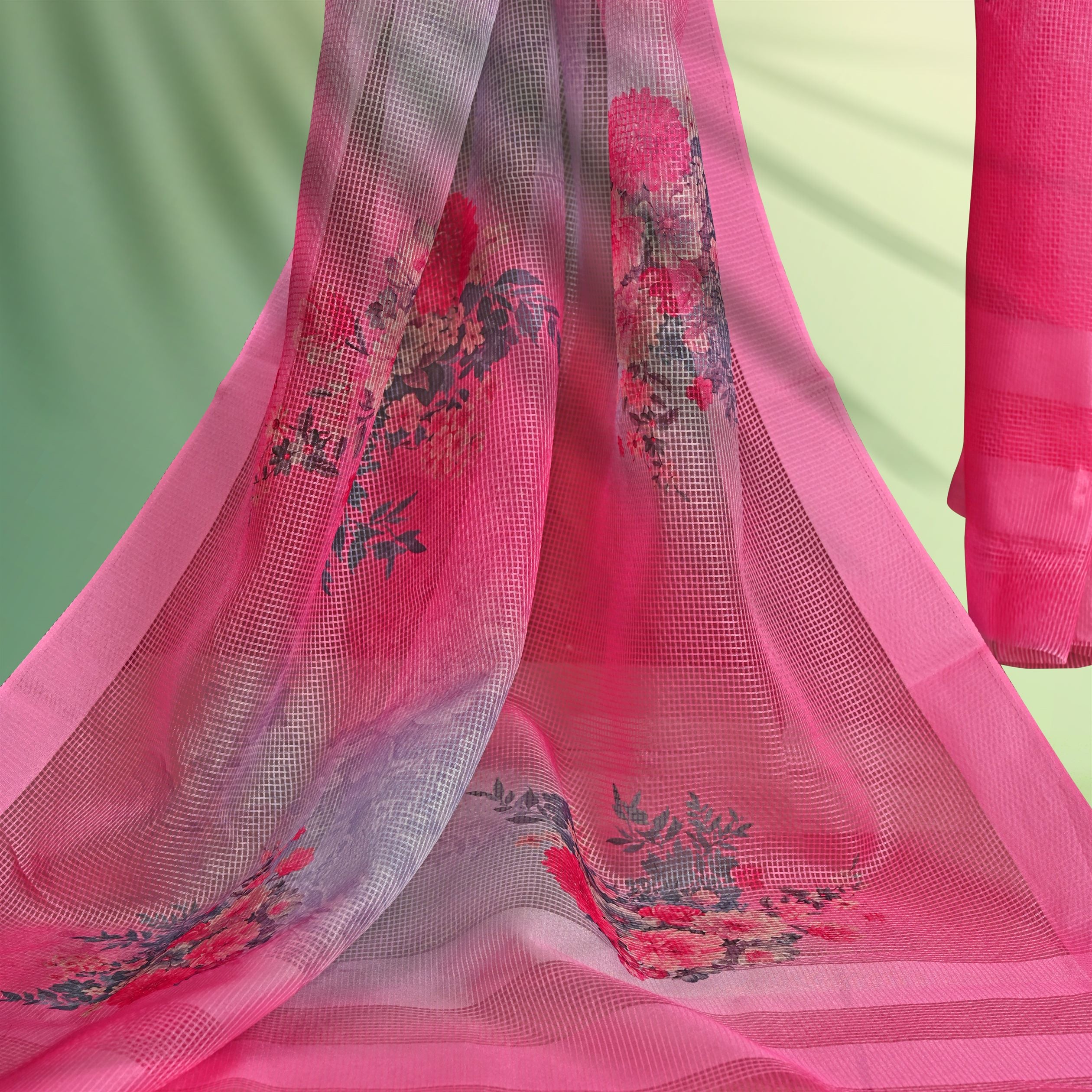 Pink Digital Printed Kora Micro Satin Dupatta with Checks