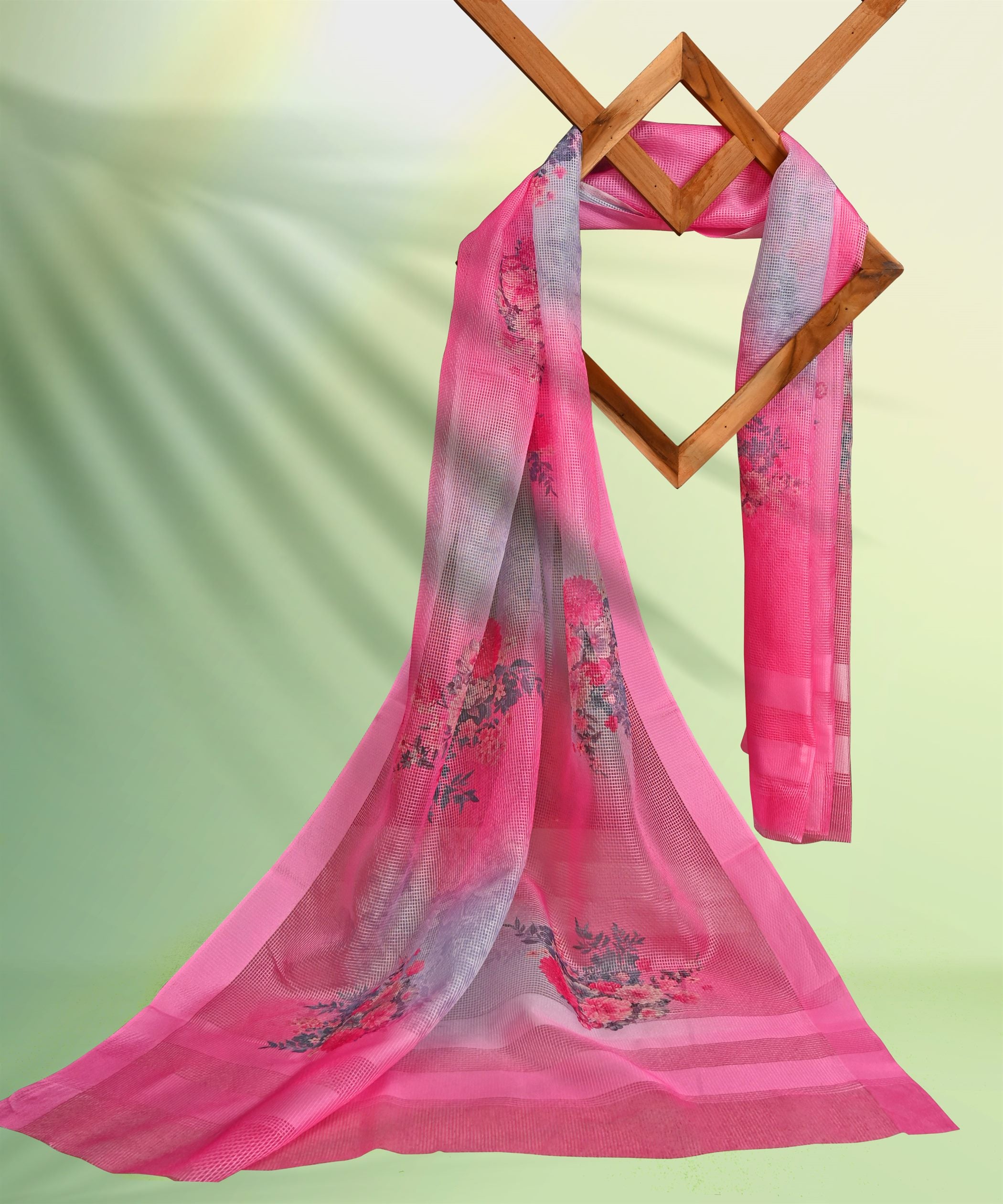 Pink Digital Printed Kora Micro Satin Dupatta with Checks