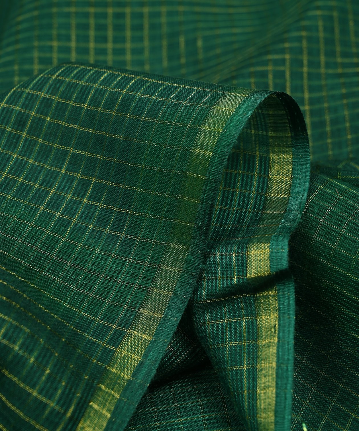 Dark Green Kota fabric with Zari Checks