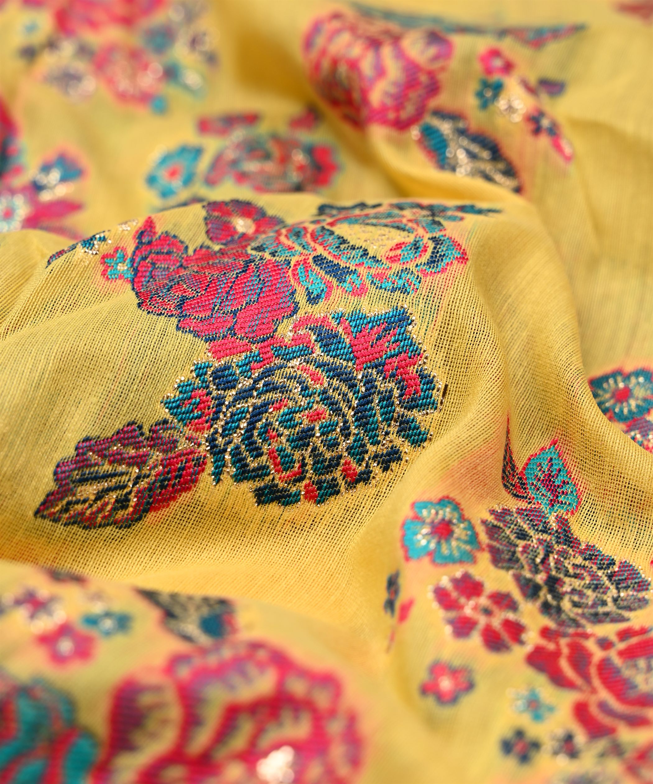 Lemon Yellow Pure Chanderi Flower Bunch Jacquard Fabric