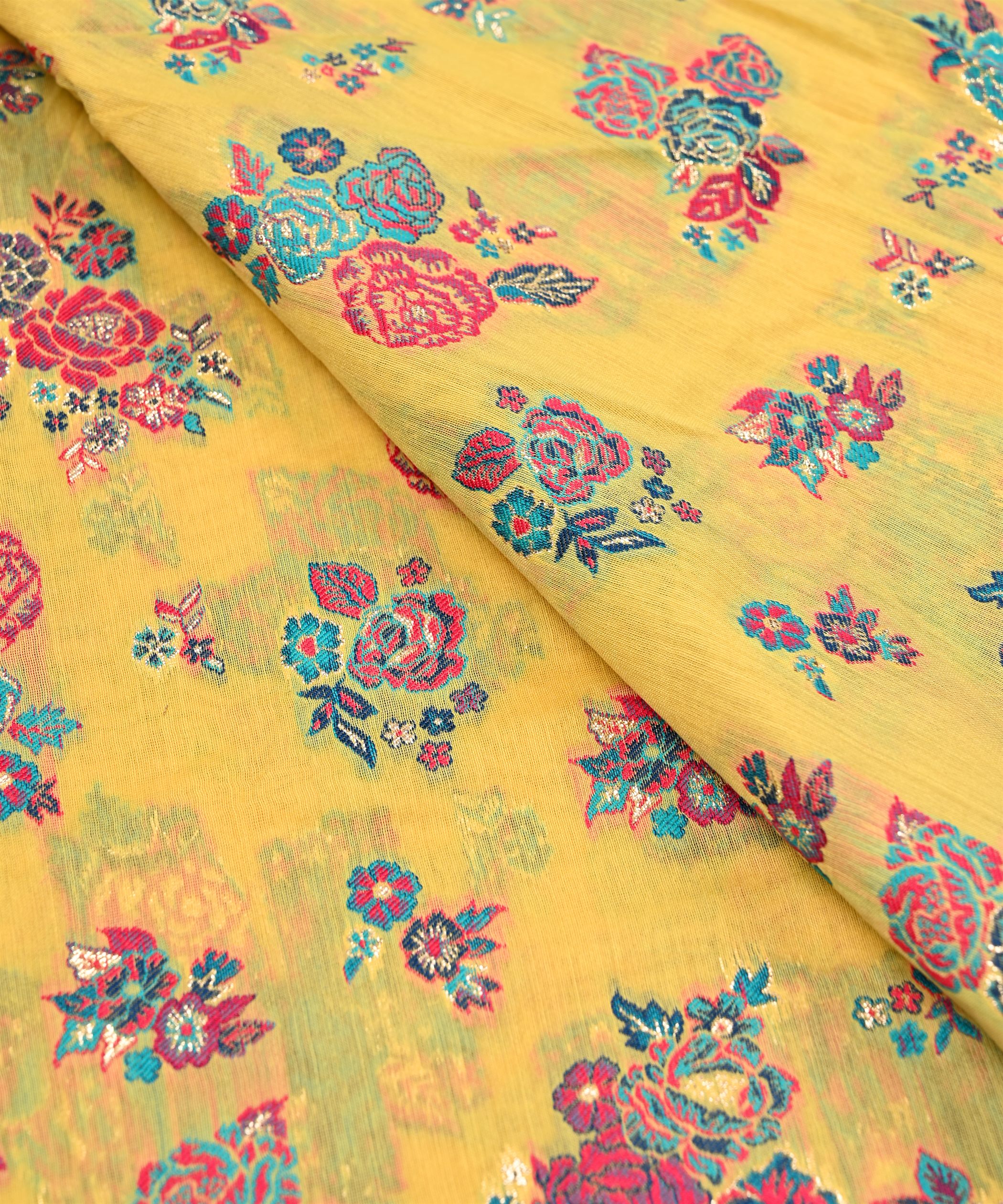 Lemon Yellow Pure Chanderi Flower Bunch Jacquard Fabric