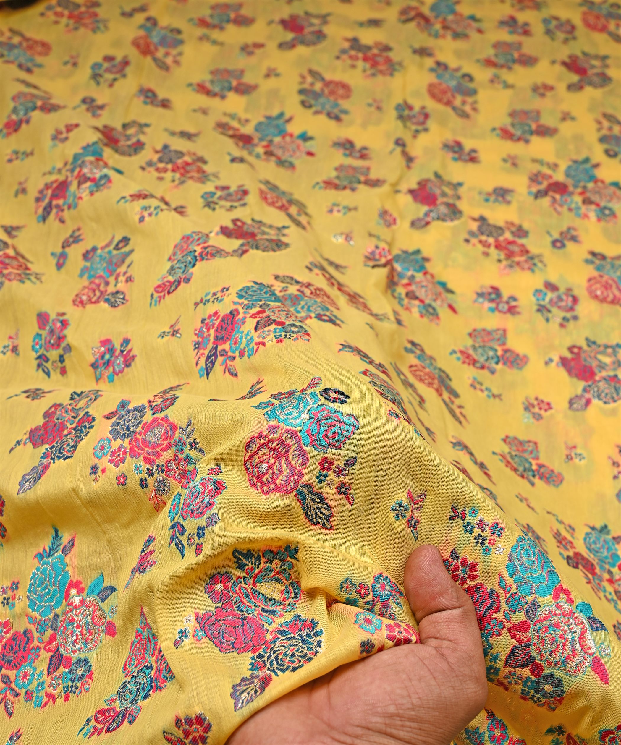 Lemon Yellow Pure Chanderi Flower Bunch Jacquard Fabric