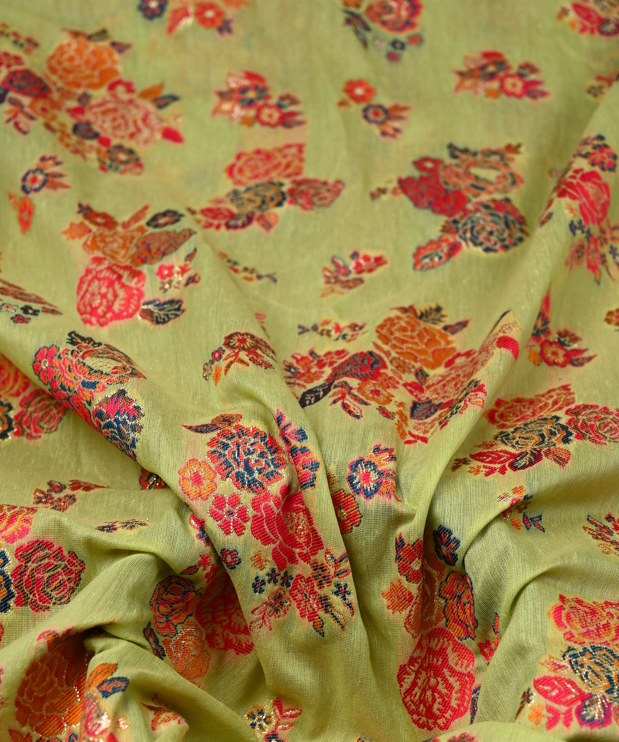 Light Pista Pure Chanderi Flower Bunch Jacquard Fabric