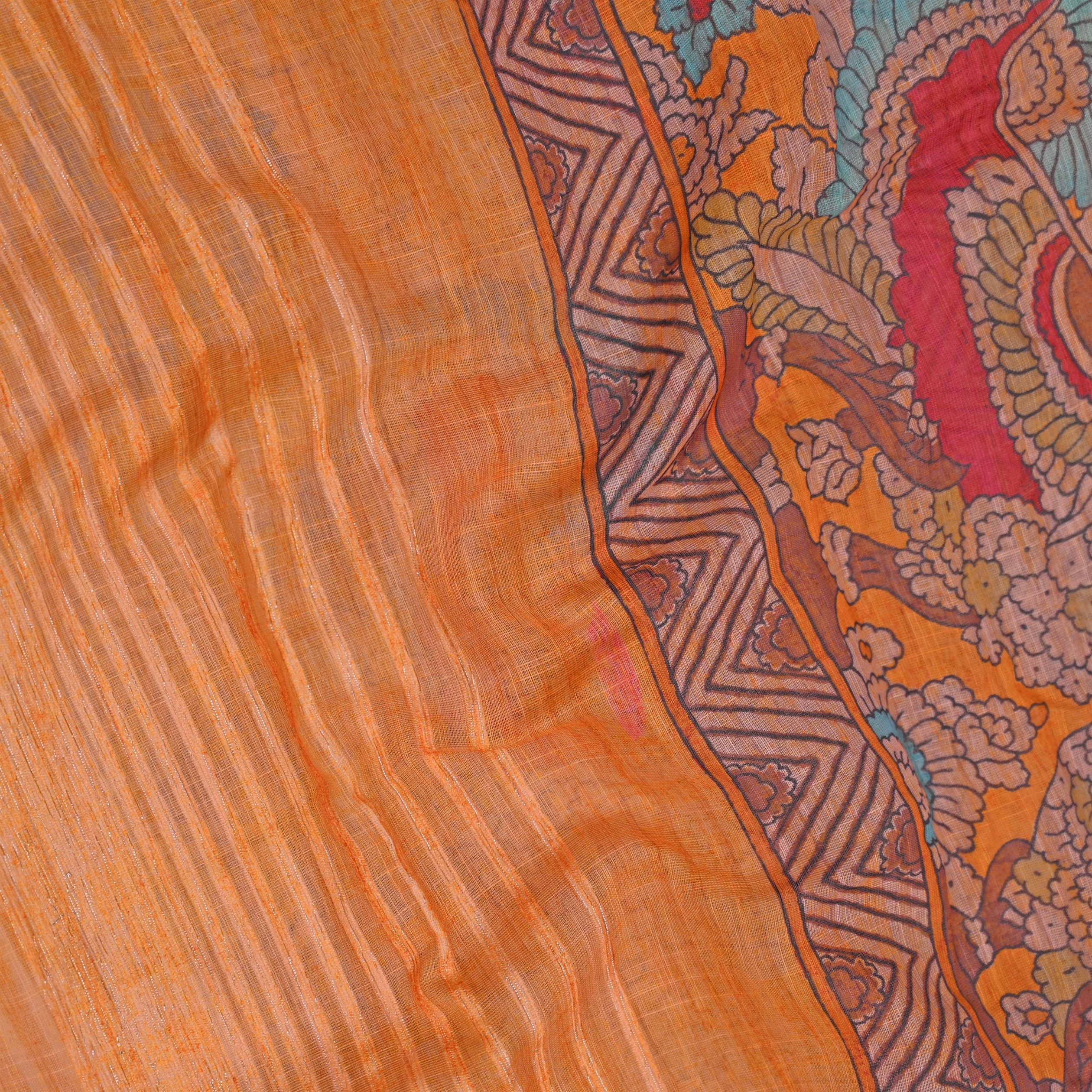 Orange Digital Printed Linen Dupatta with Velvet Jari-FDD00006