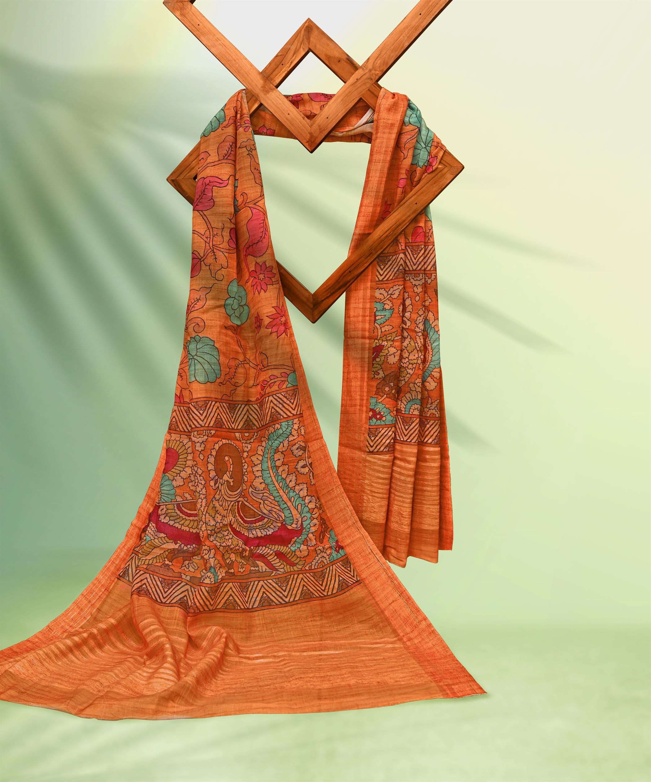 Orange Digital Printed Linen Dupatta with Velvet Jari