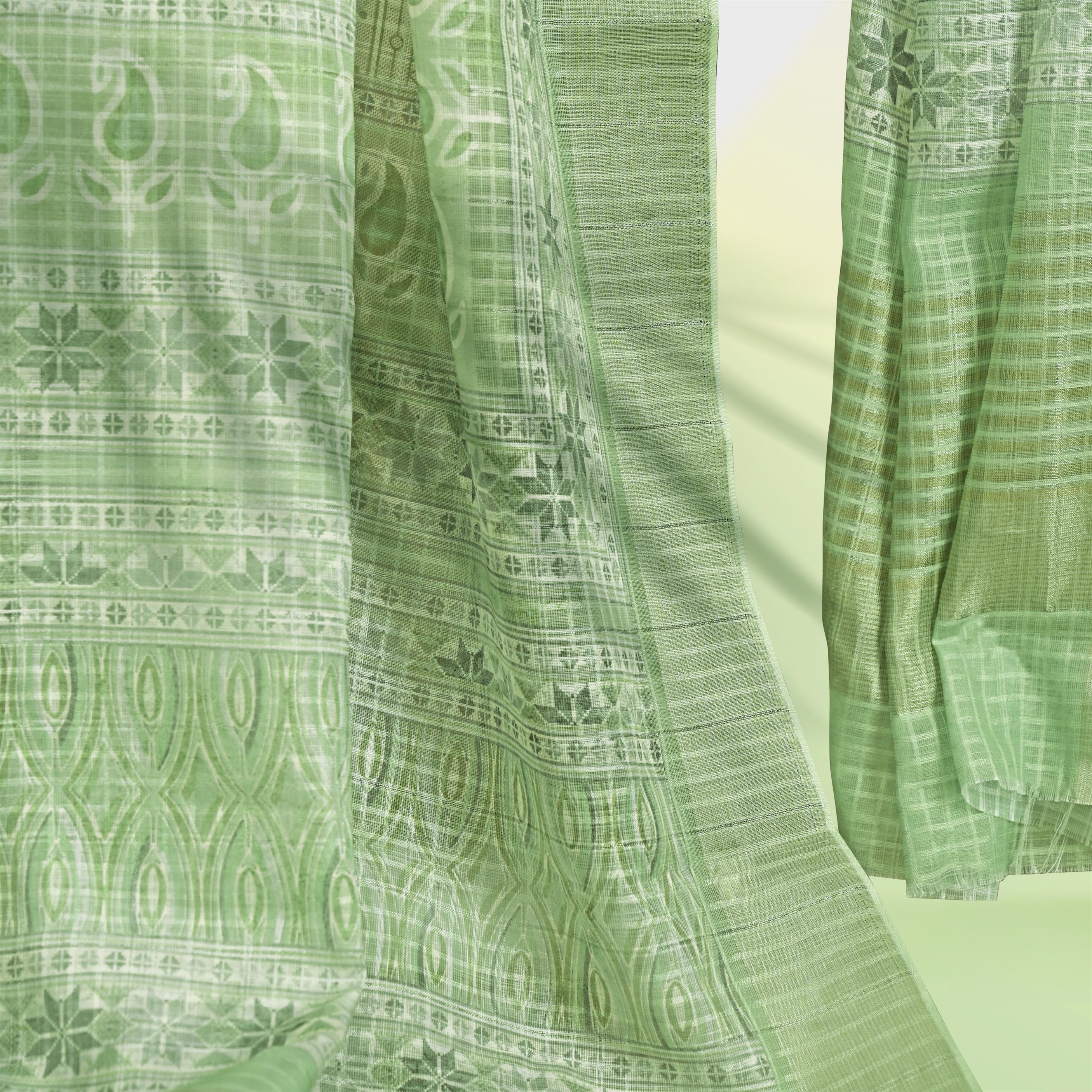 Pale Green Digital Printed Linen Silk Kasab  Dupatta with Checks