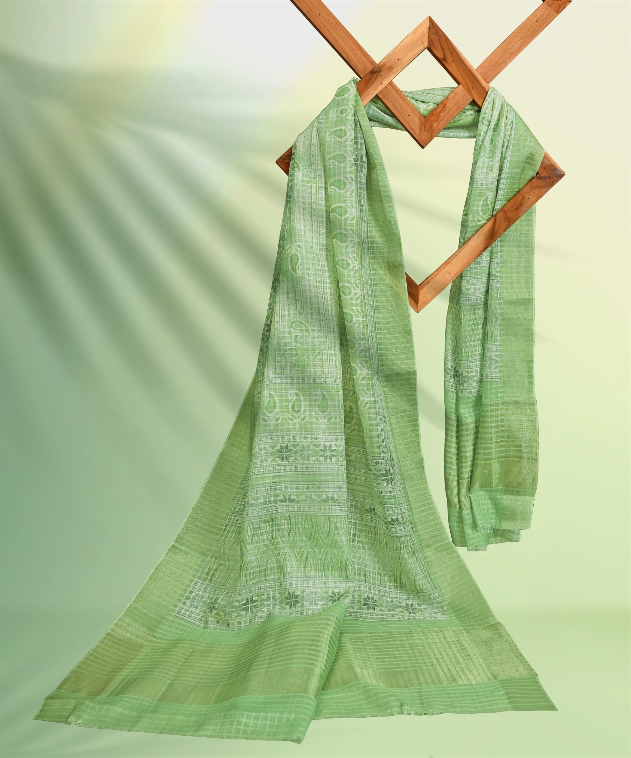 Pale Green Digital Printed Linen Silk Kasab  Dupatta with Checks