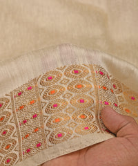 Beige Linen Fabric with Zari Border(cut-5.5 mtr)