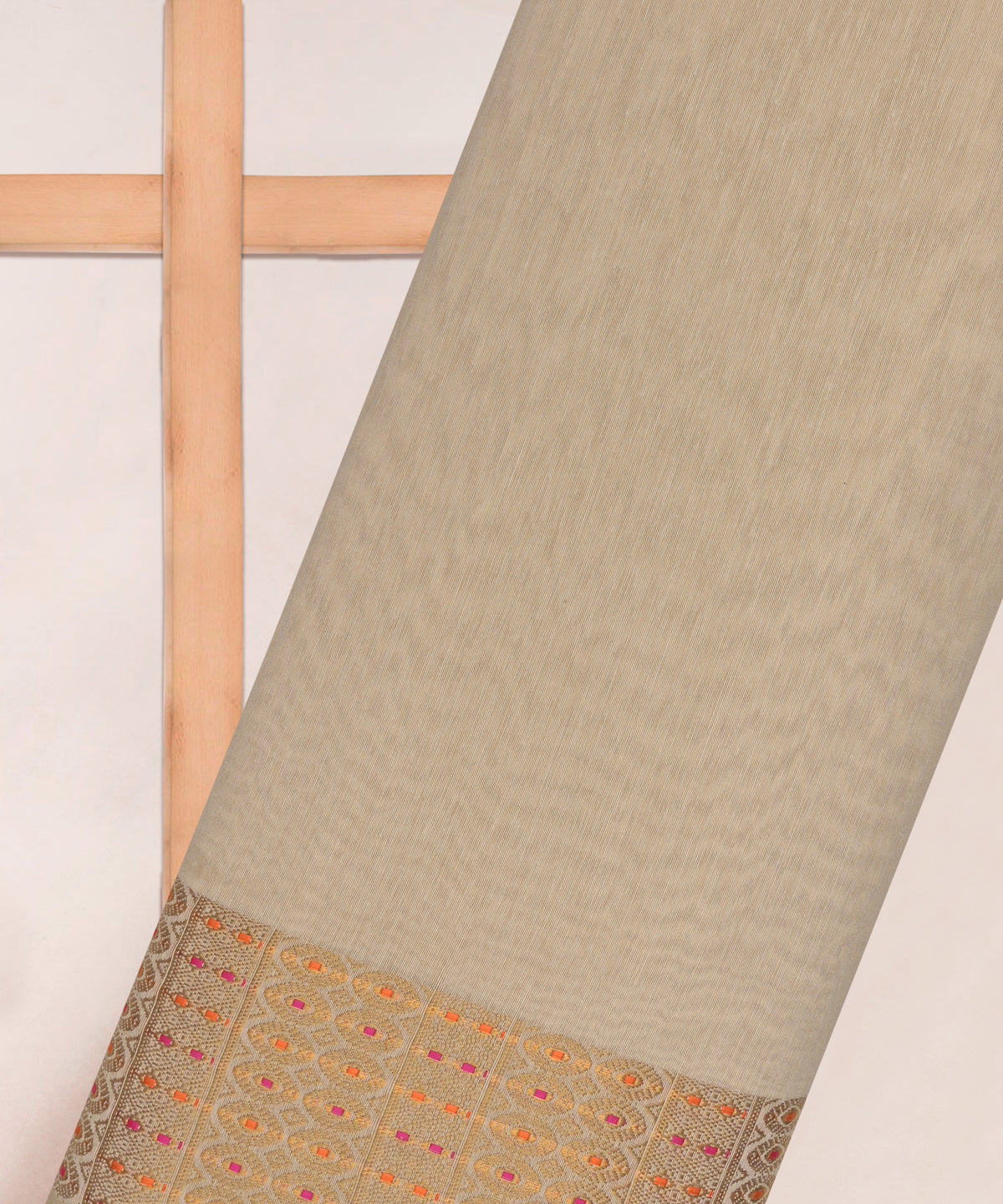 Beige Linen Fabric with Zari Border(cut-5.5 mtr)