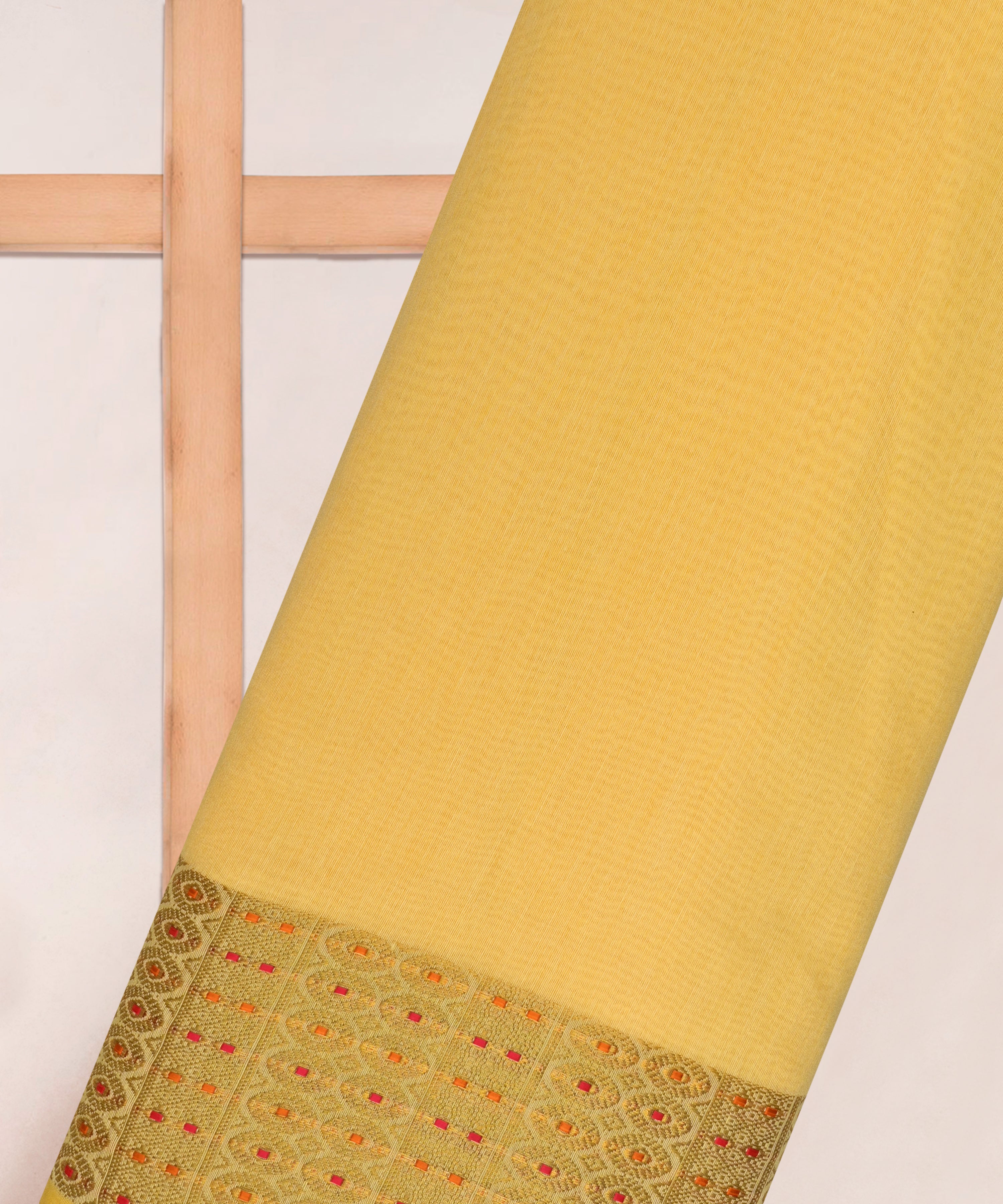 Yellow Linen Fabric with Zari Border(cut-5.5 mtr)