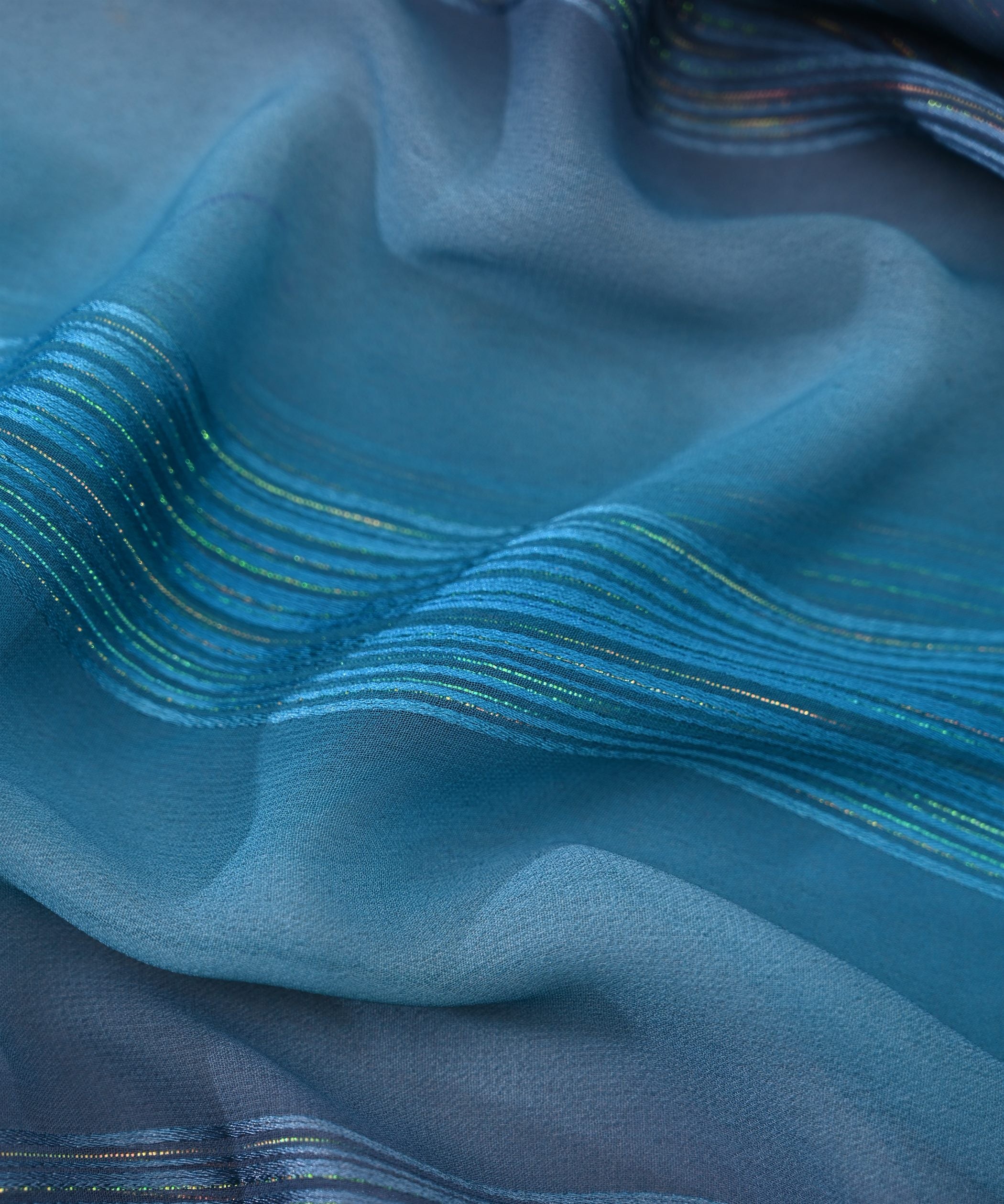 Blue Multi-colored Georgette Fabric with Satin Stripes