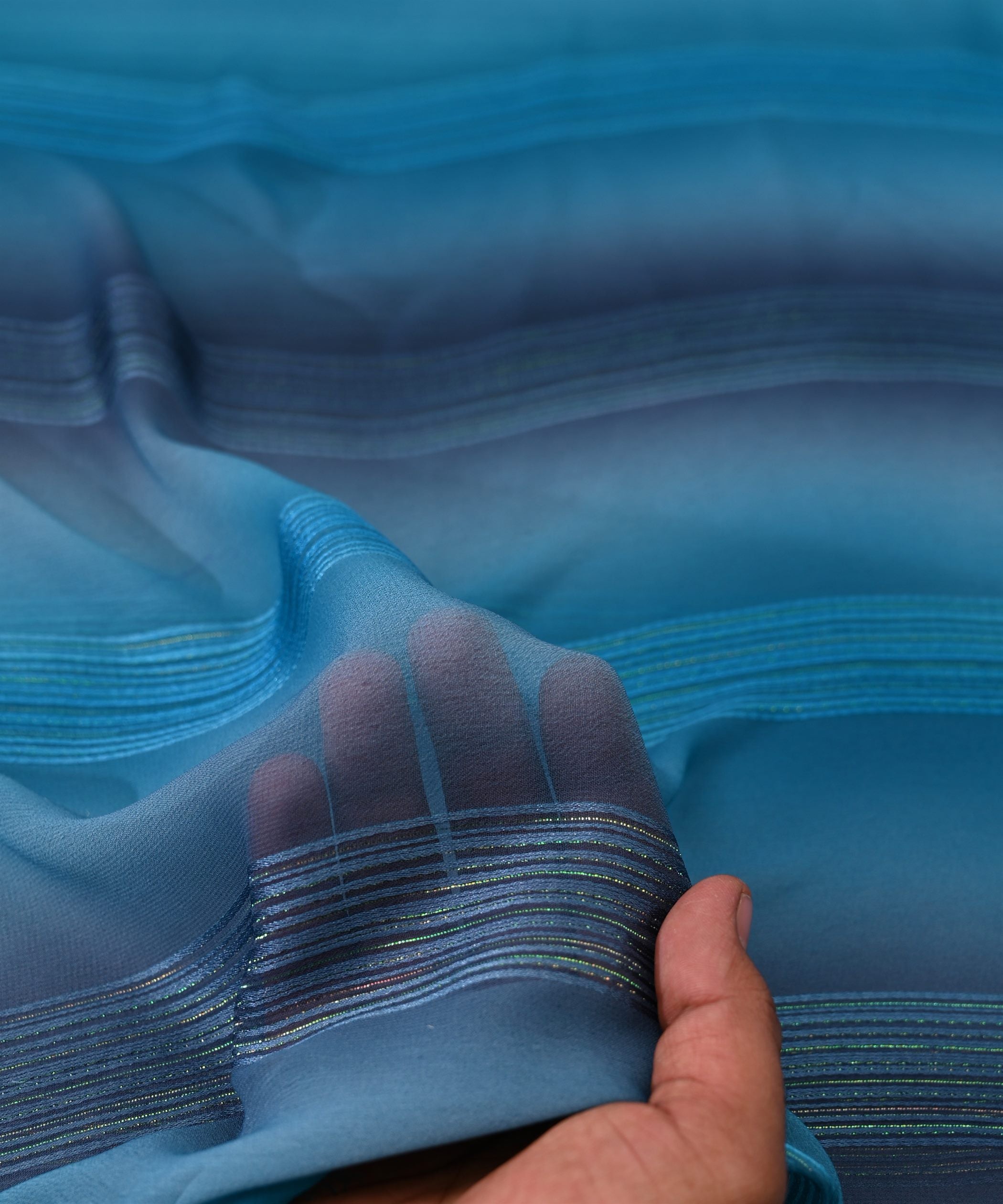 Blue Multi-colored Georgette Fabric with Satin Stripes