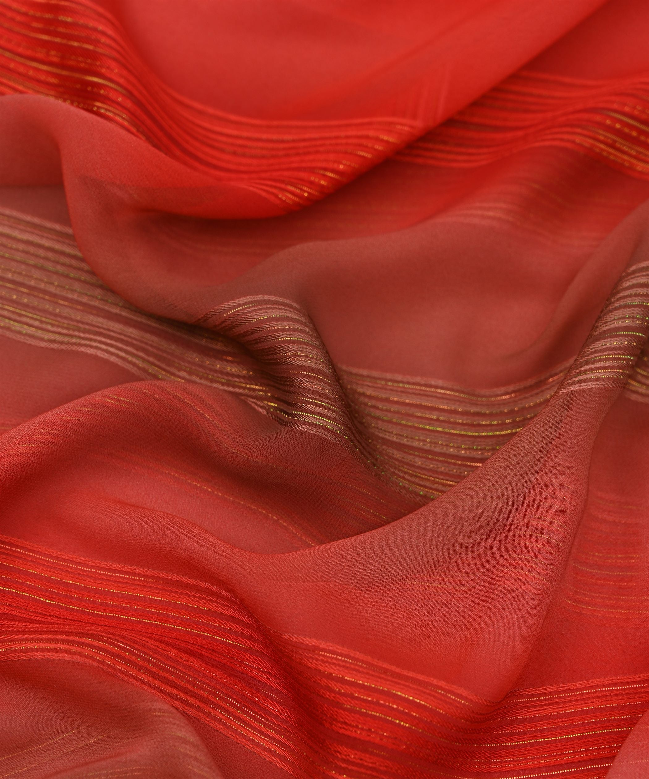 Red Multi-colored Georgette Fabric with Satin Stripes