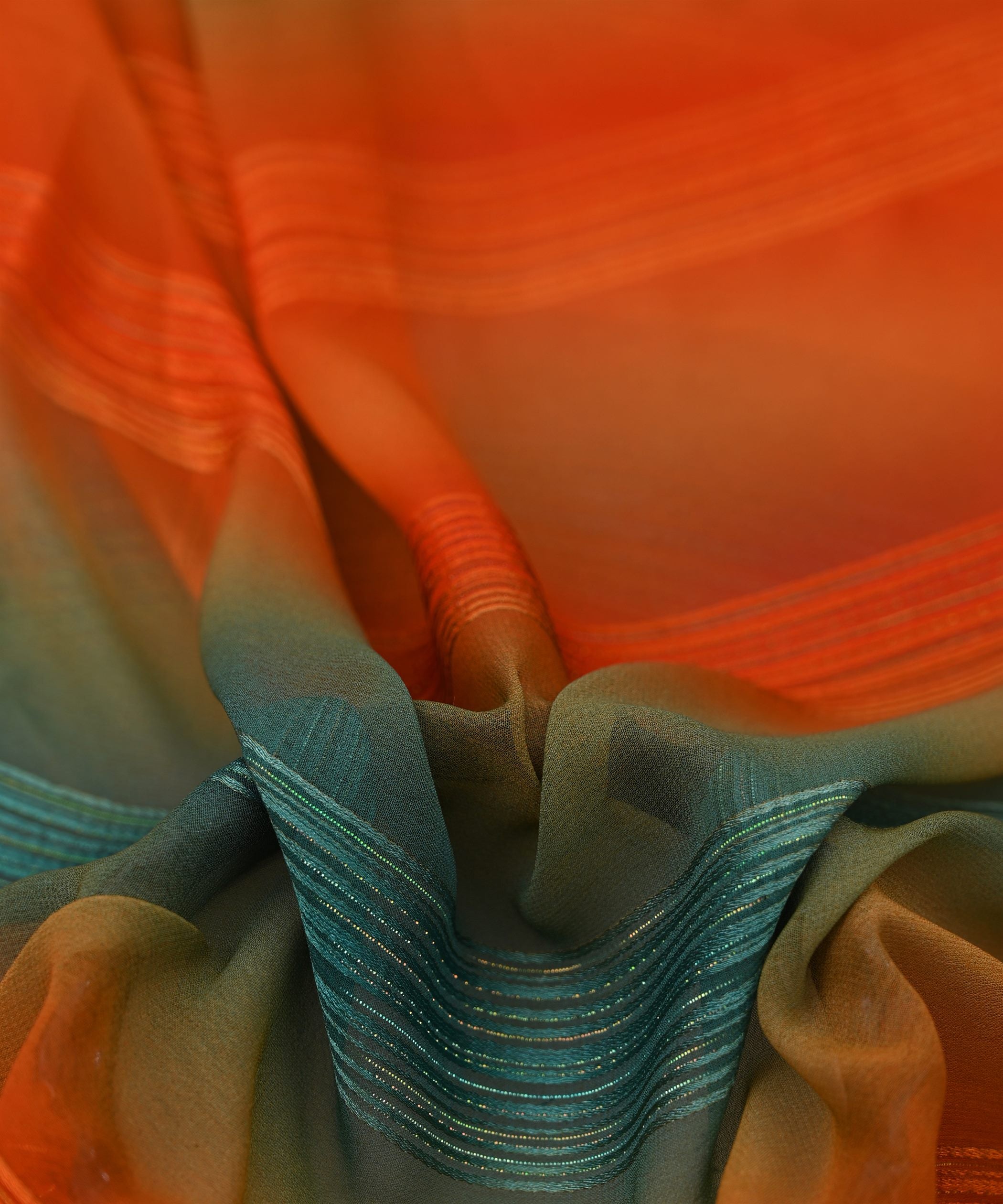 Orange & Rama Multi-shaded Georgette Fabric with Satin Stripes