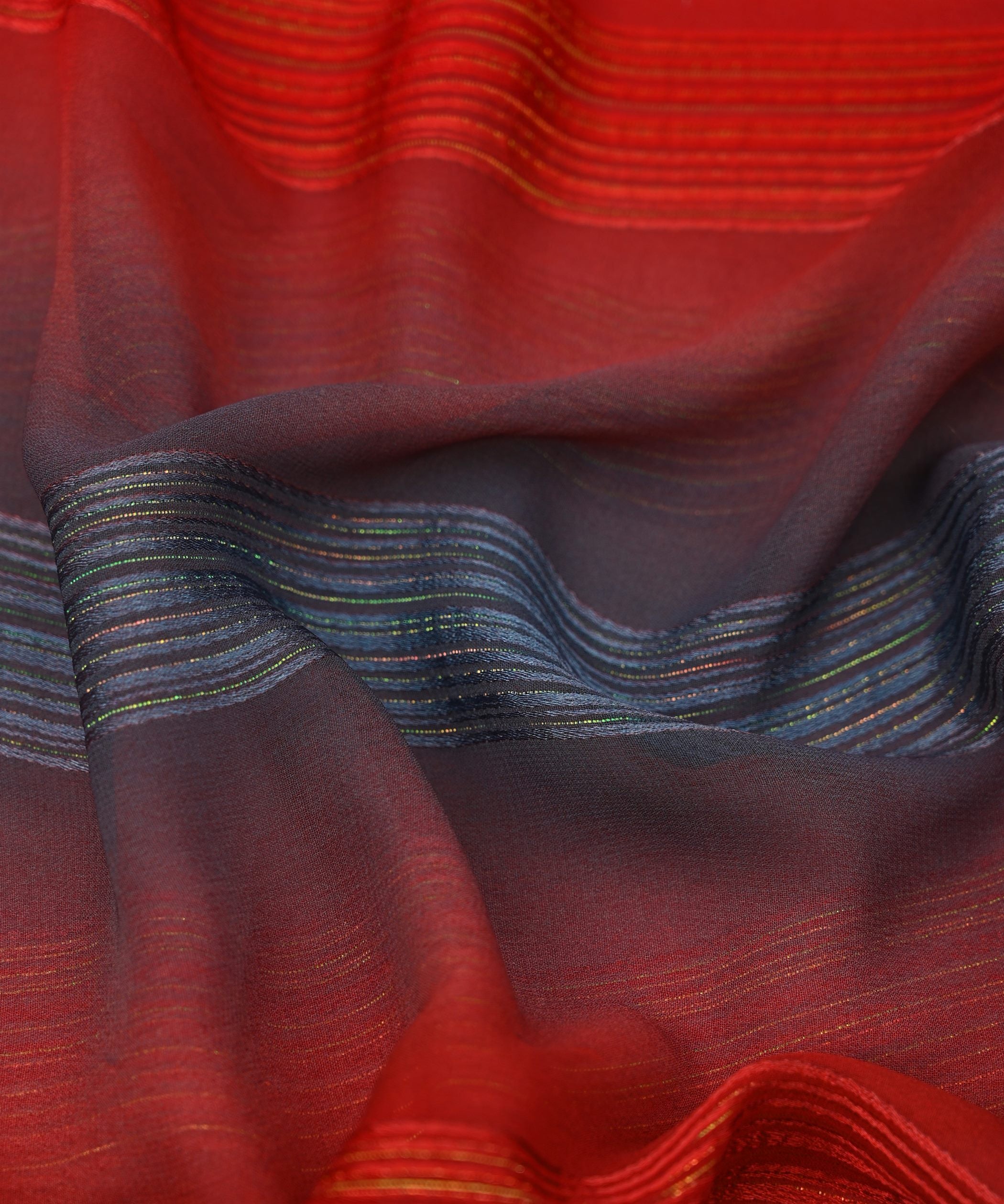 Red & Blue Multi-shaded Georgette Fabric with Satin Stripes