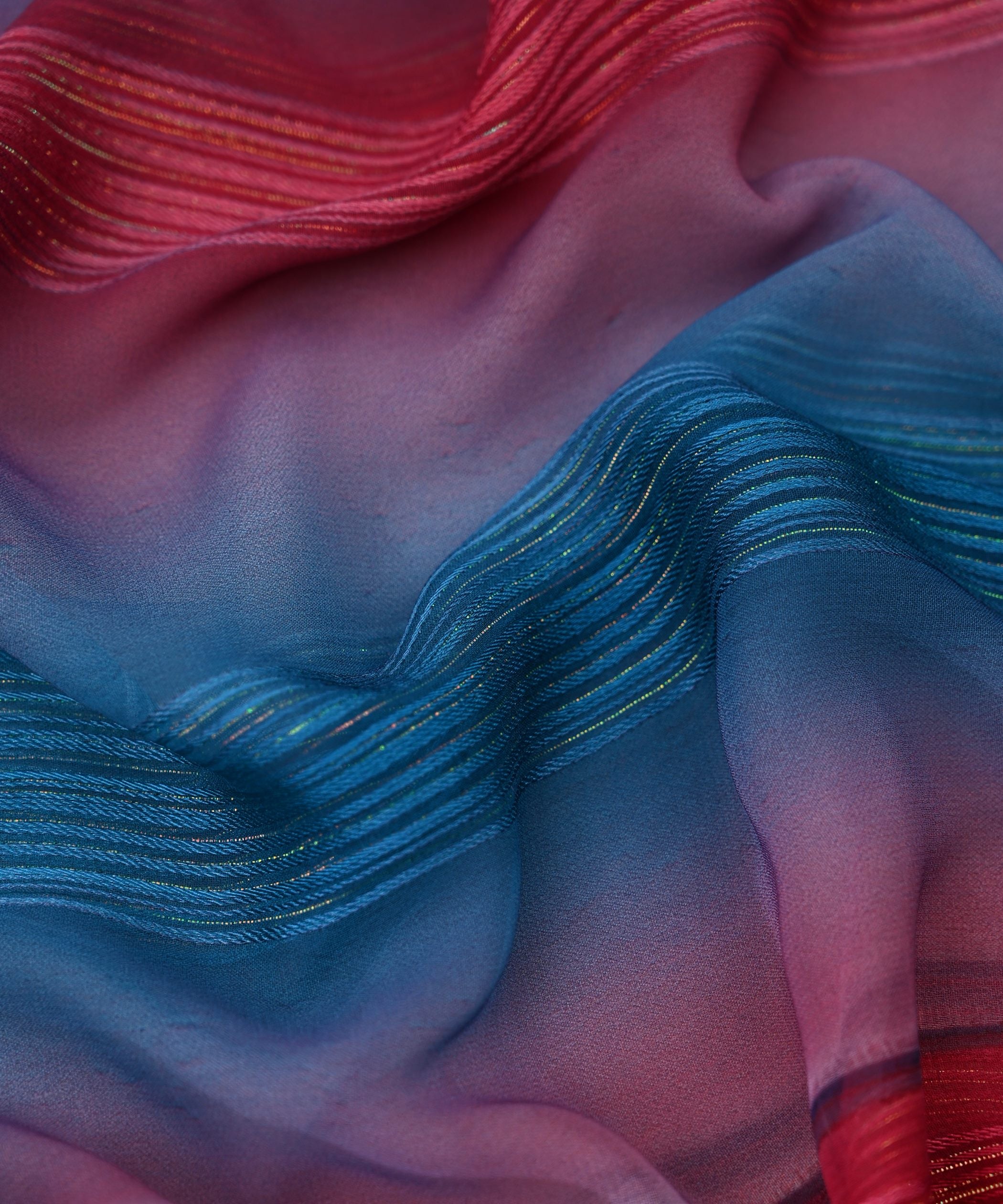 Sky Blue & Pink Multi-shaded Georgette Fabric with Satin Stripes