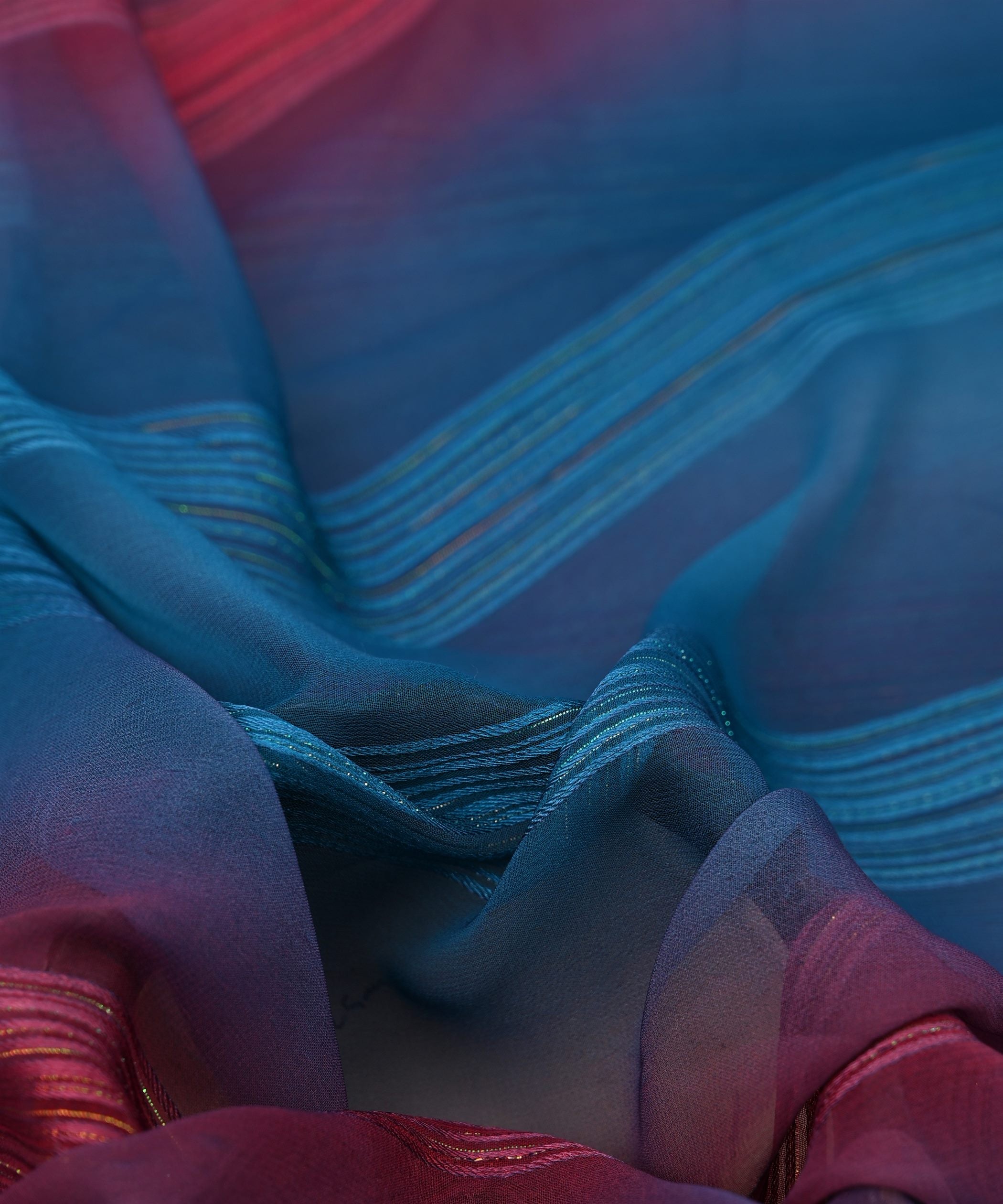 Sky Blue & Pink Multi-shaded Georgette Fabric with Satin Stripes