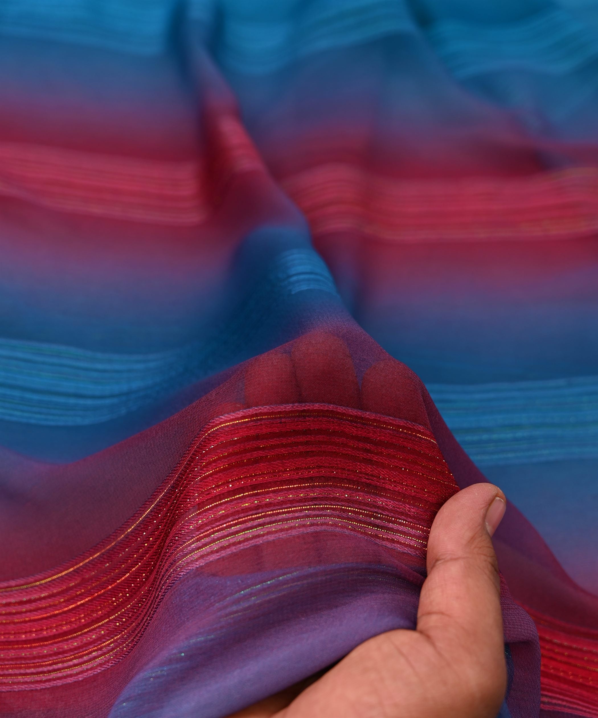 Sky Blue & Pink Multi-shaded Georgette Fabric with Satin Stripes