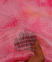Baby Pink Shibori Print Organza Fabric with Checks