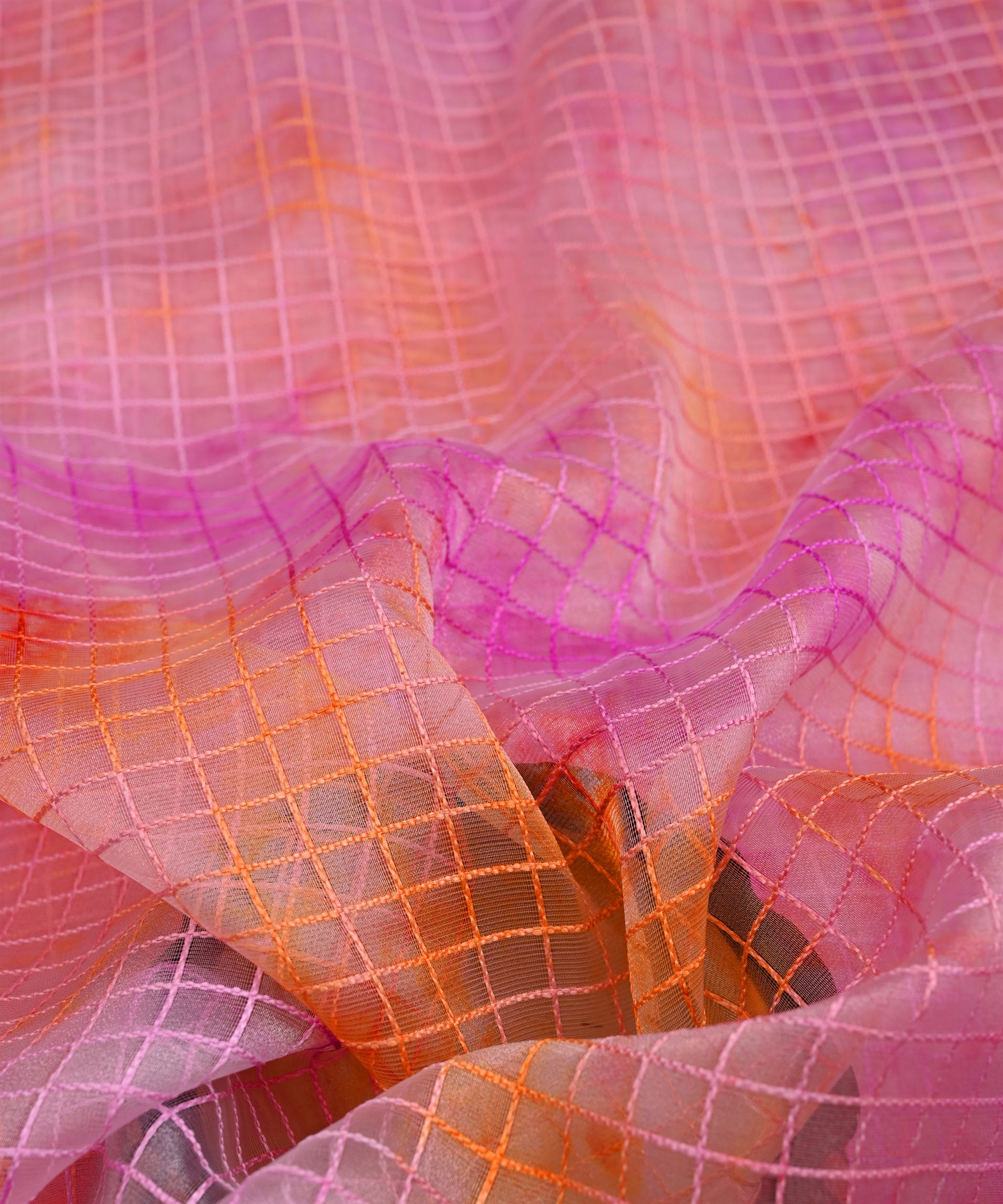Lavender Shibori Print Organza Fabric with Checks
