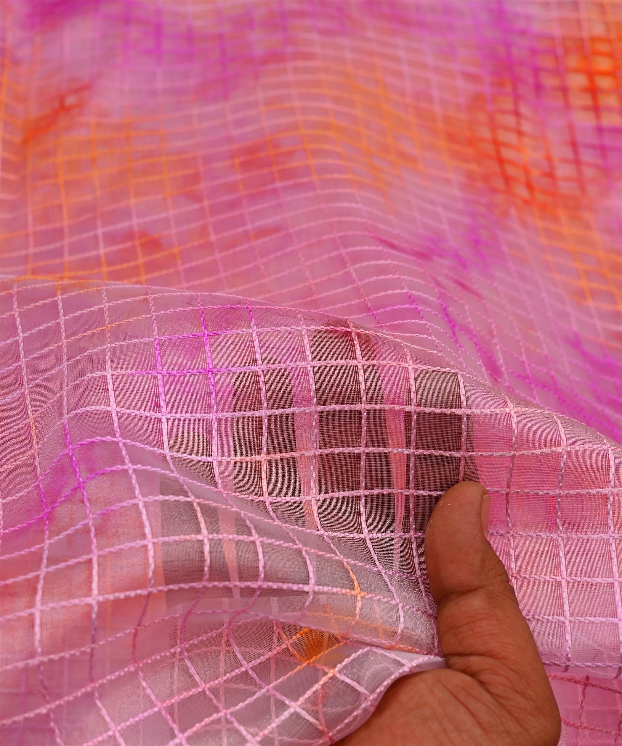 Lavender Shibori Print Organza Fabric with Checks