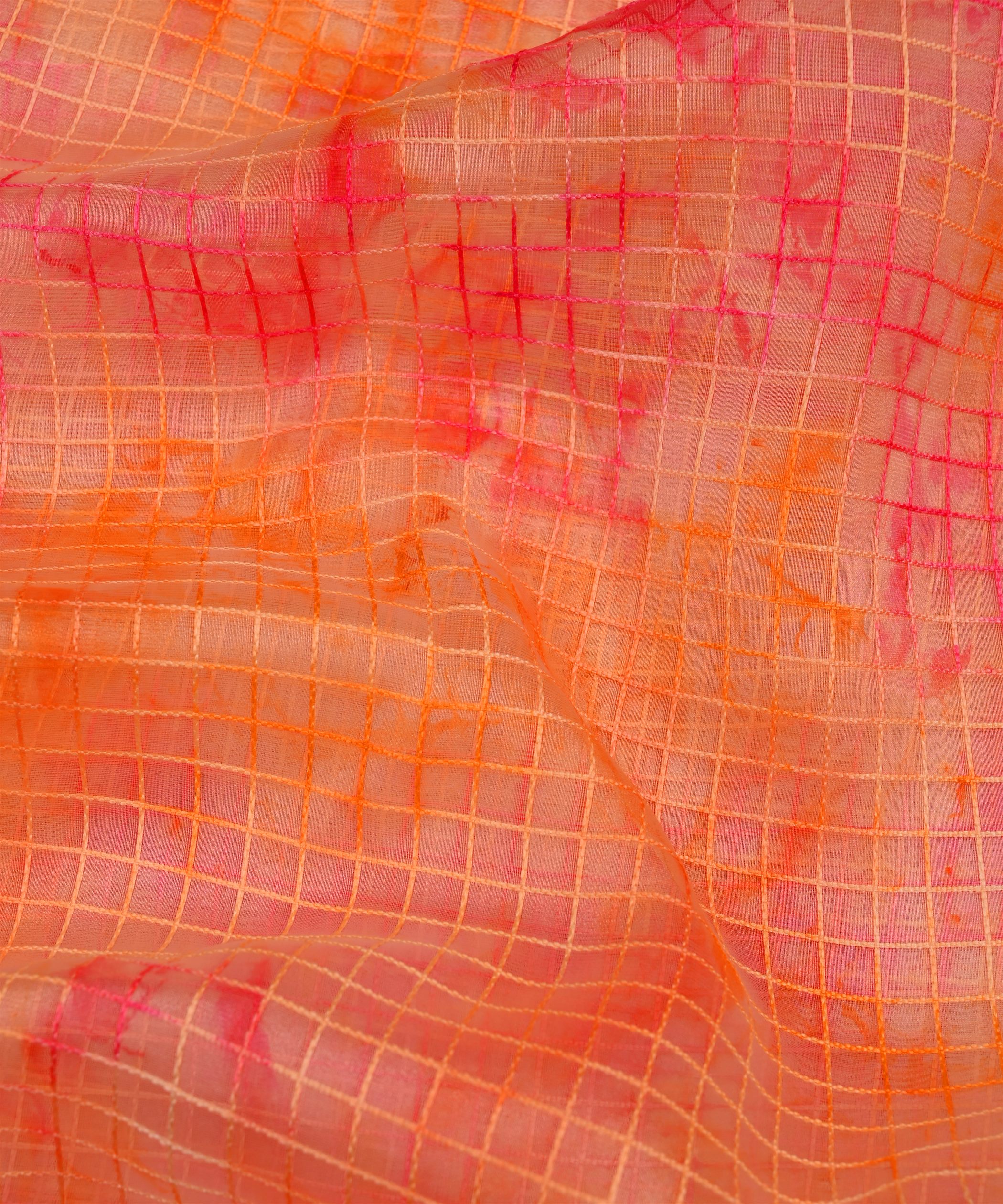 Orange Shibori Print Organza Fabric with Checks