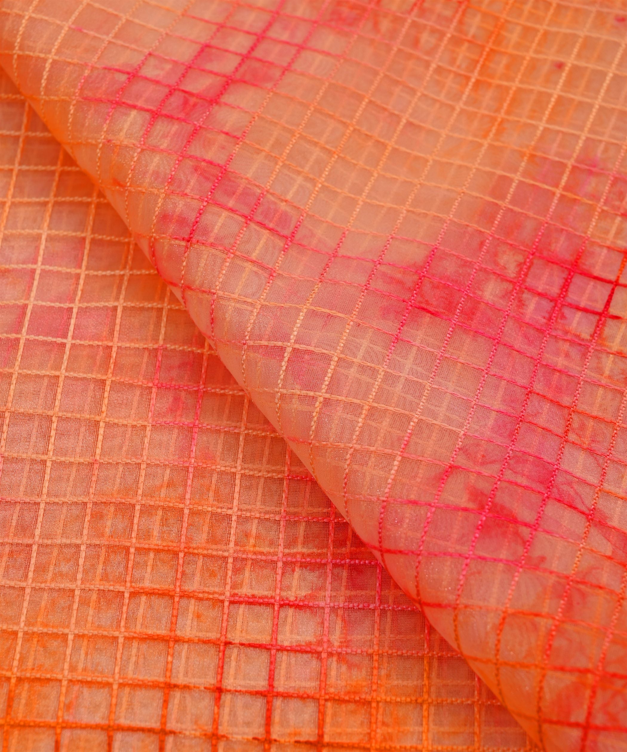 Orange Shibori Print Organza Fabric with Checks