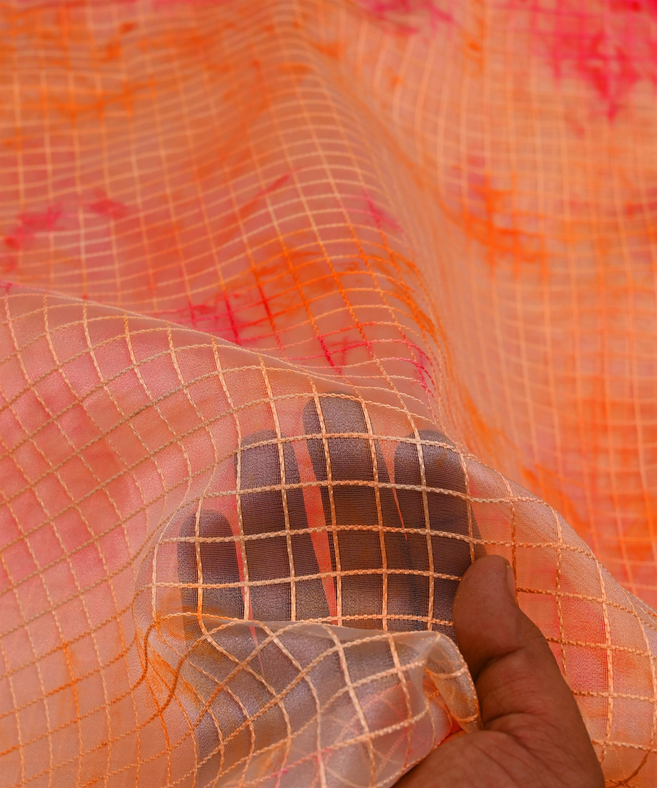 Orange Shibori Print Organza Fabric with Checks