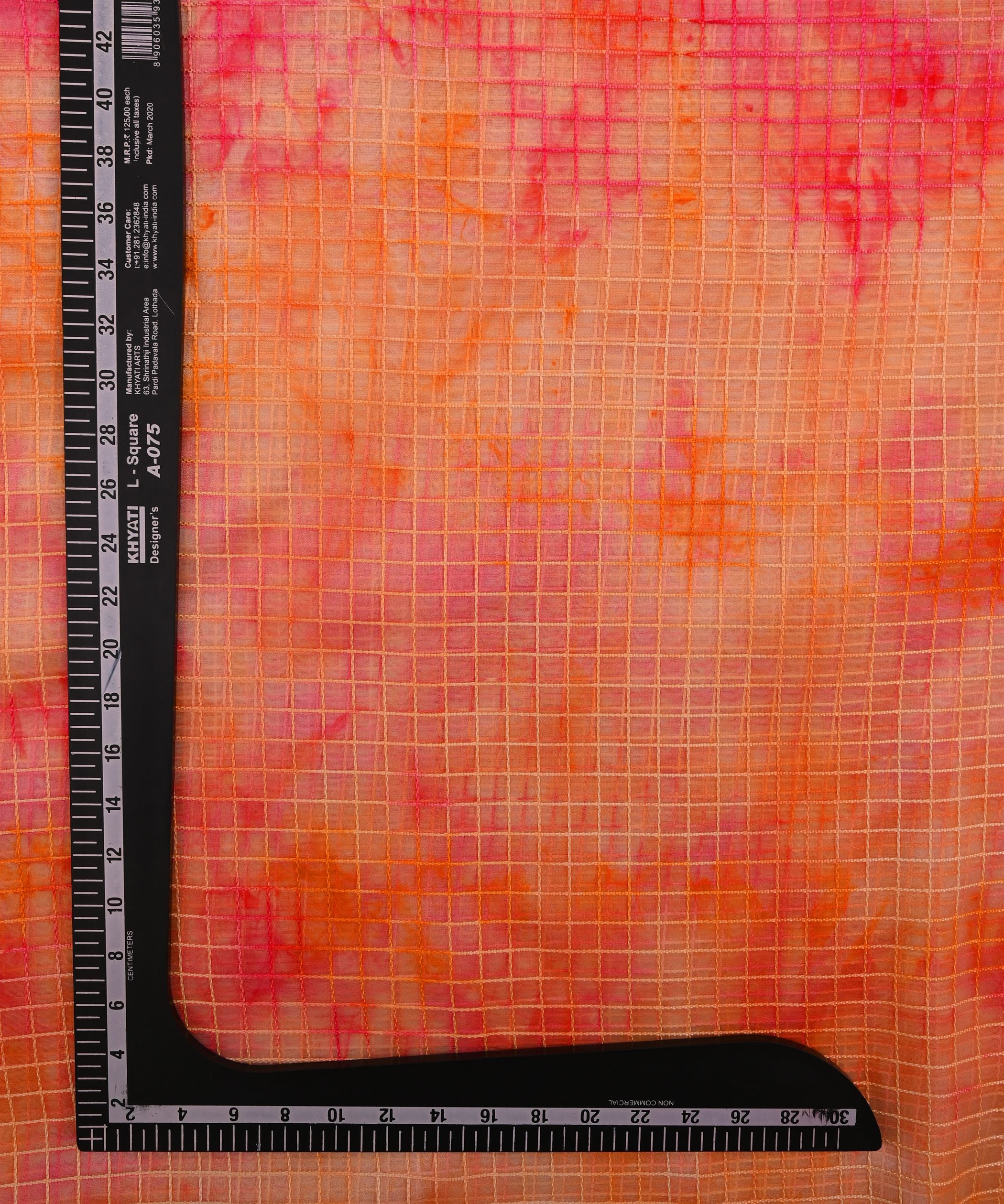 Orange Shibori Print Organza Fabric with Checks