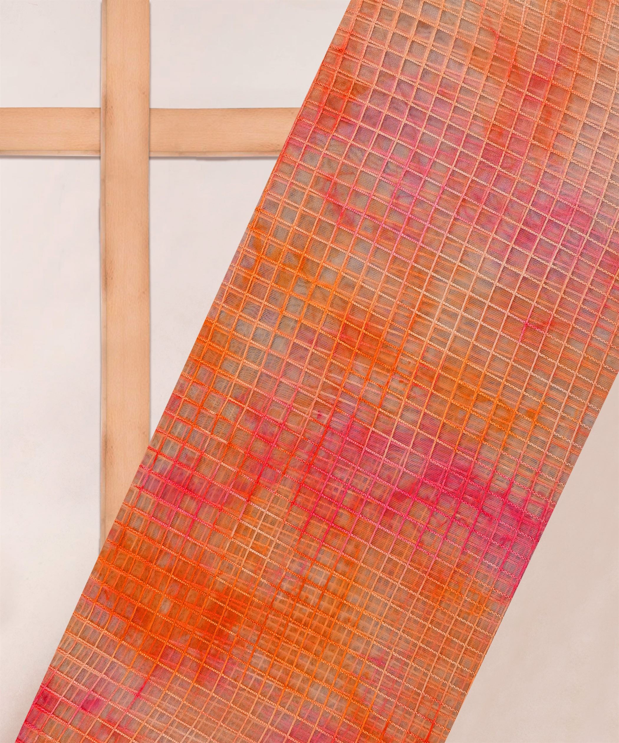 Orange Shibori Print Organza Fabric with Checks