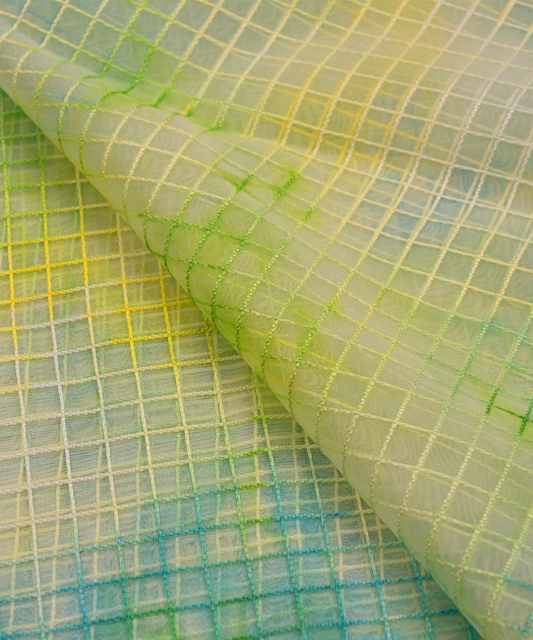 Pista Green Shibori Print Organza Fabric with Checks