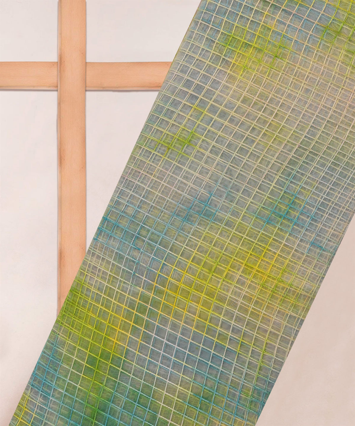 Pista Green Shibori Print Organza Fabric with Checks