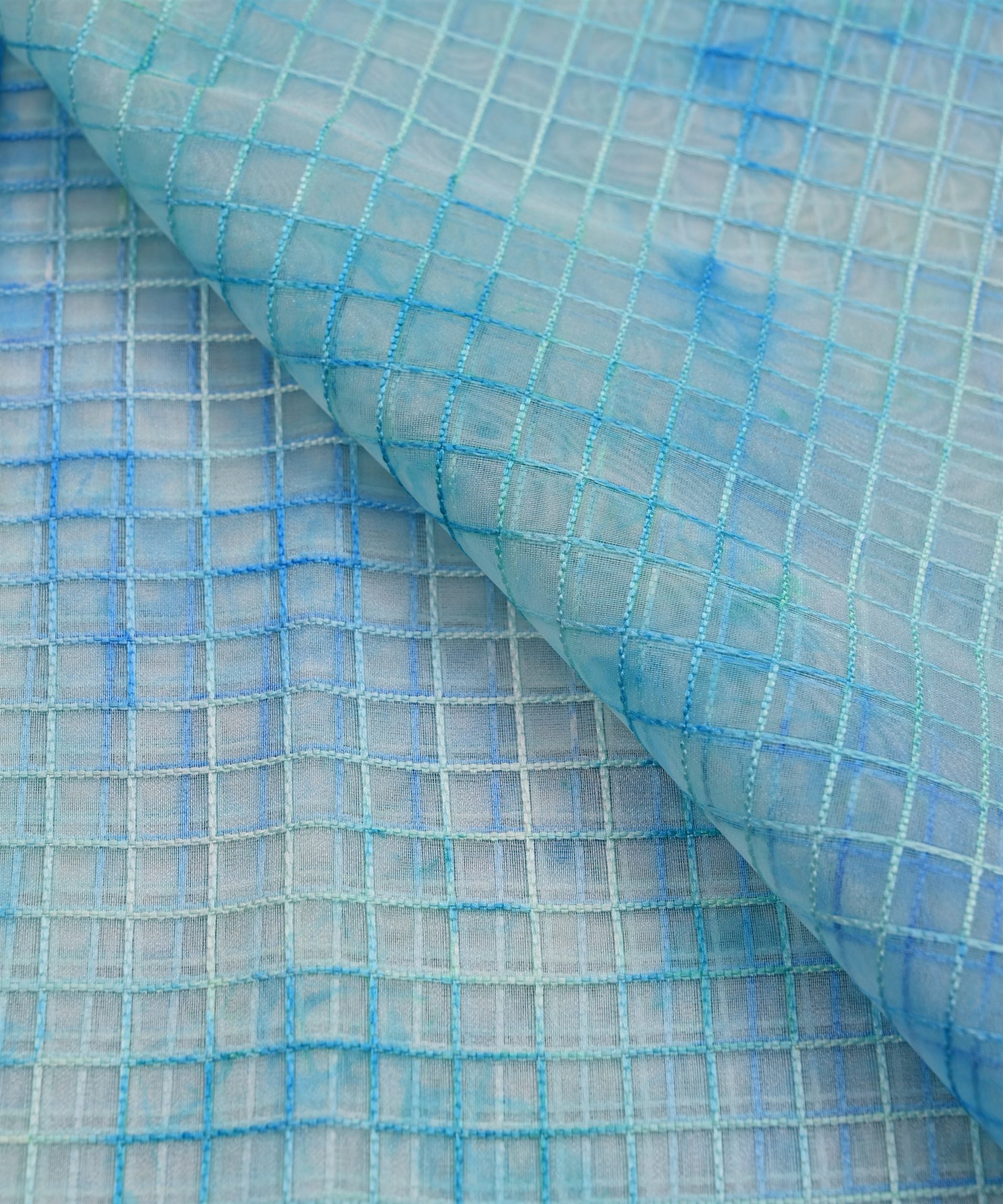 Sky Blue Shibori Print Organza Fabric with Checks