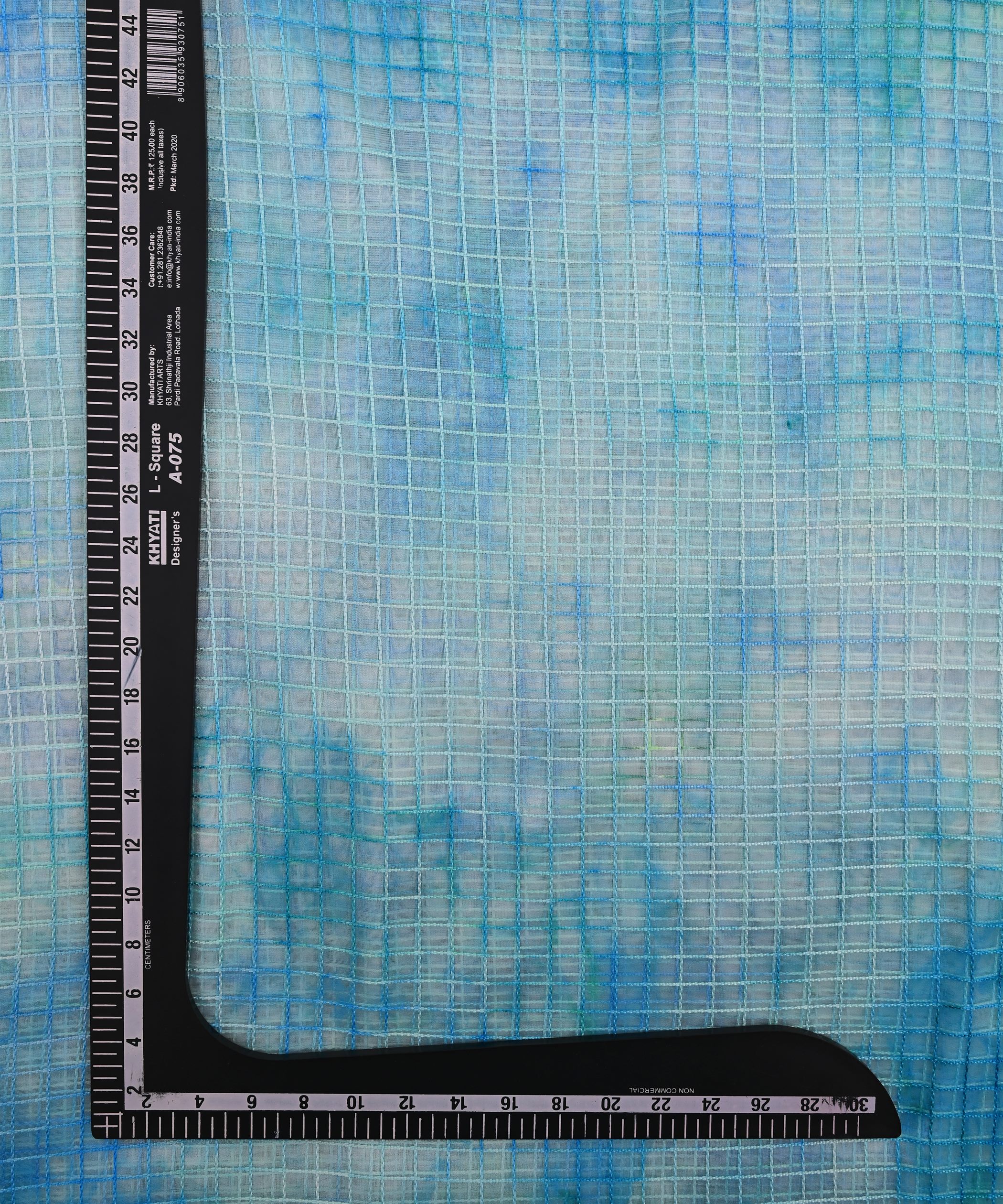 Sky Blue Shibori Print Organza Fabric with Checks
