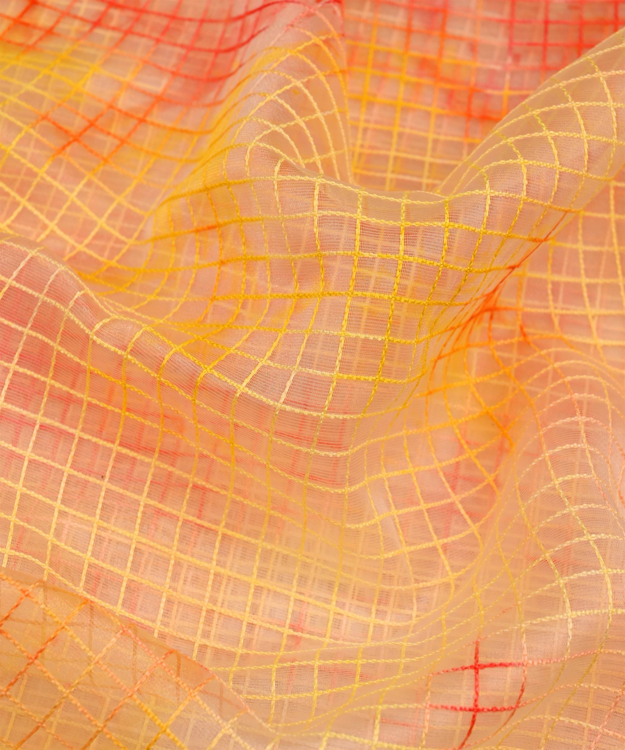 Yellow Shibori Print Organza Fabric with Checks