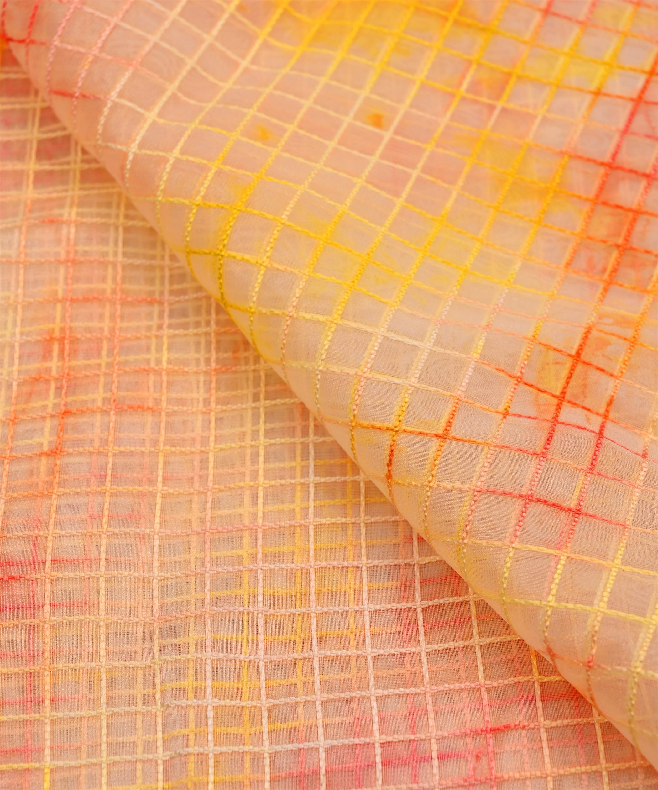 Yellow Shibori Print Organza Fabric with Checks