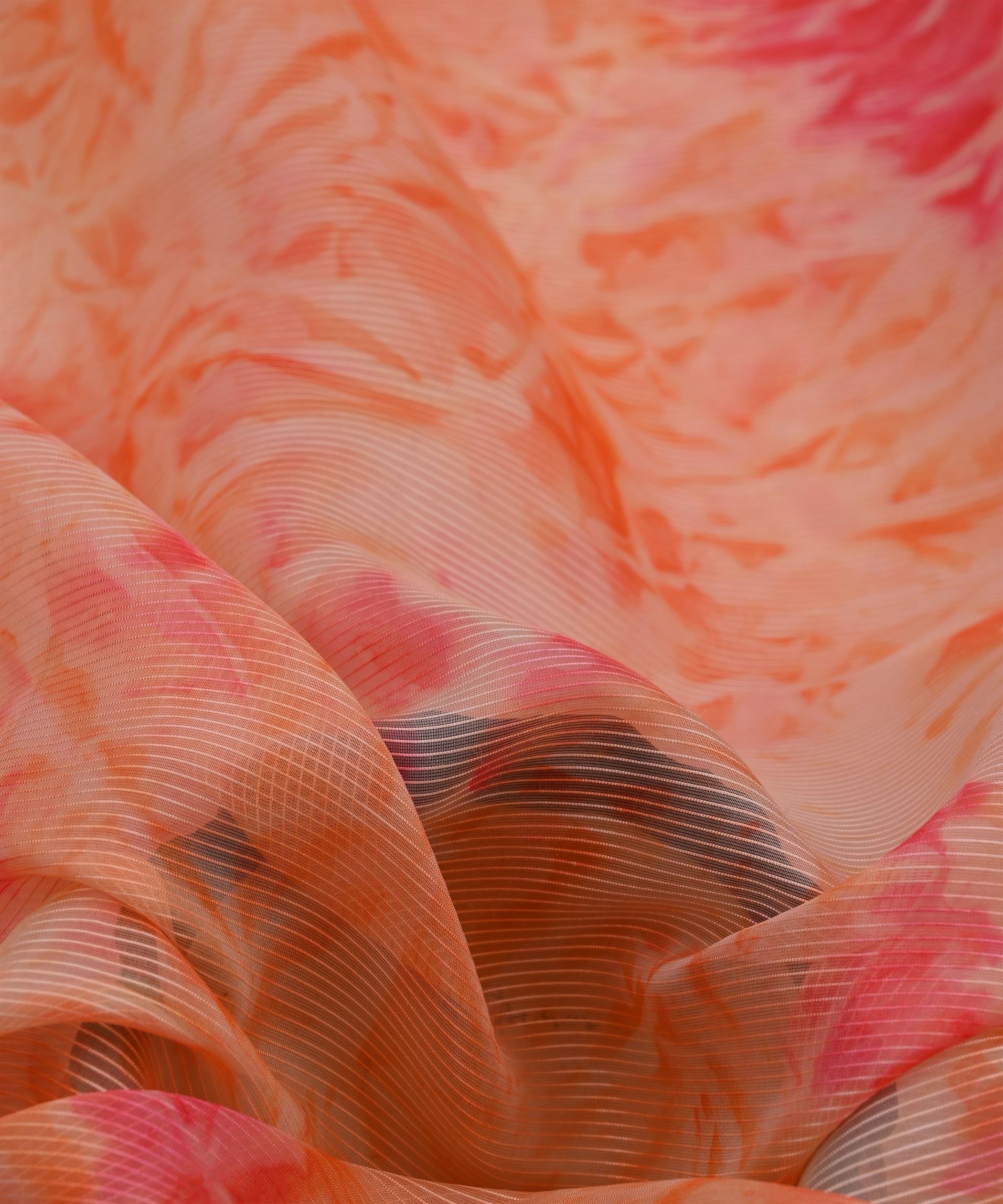 Orange Organza Fabric with Shibori Print