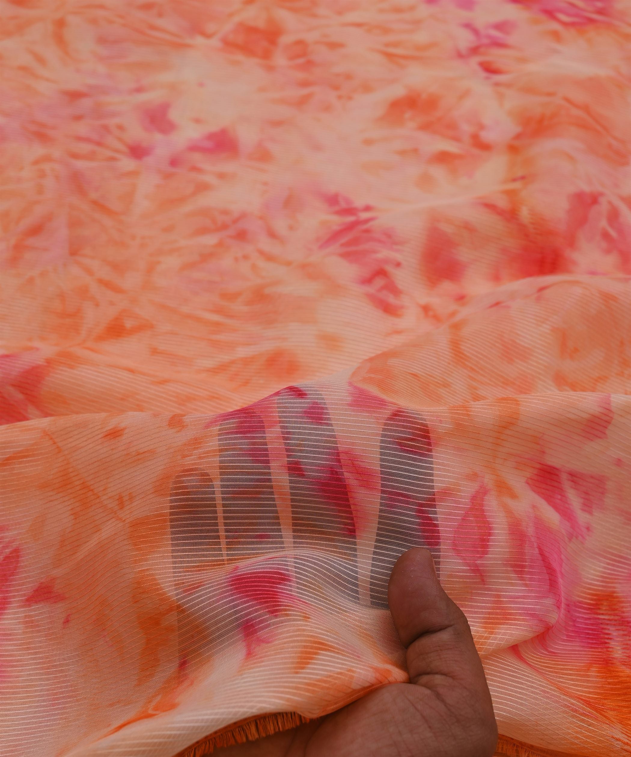 Orange Organza Fabric with Shibori Print