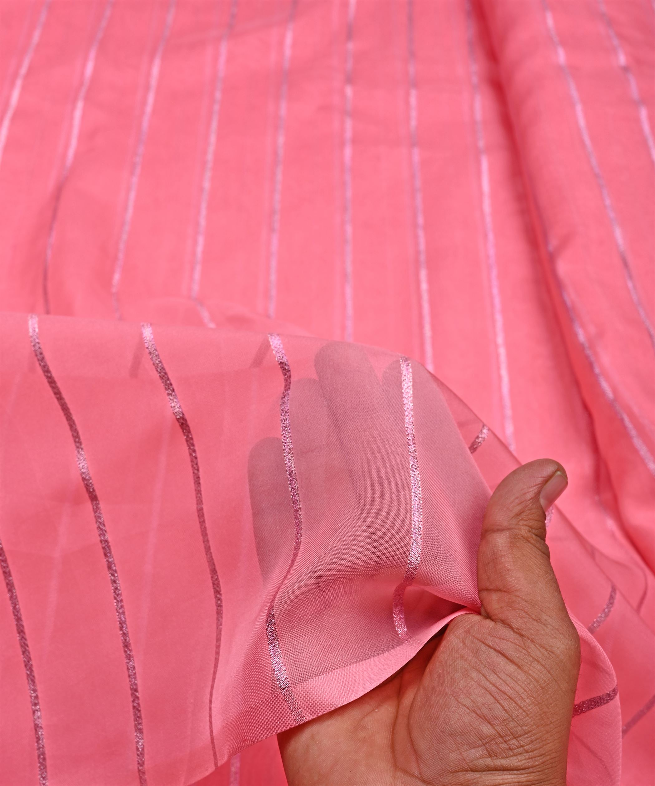 Baby Pink Organza fabric with silver Lining