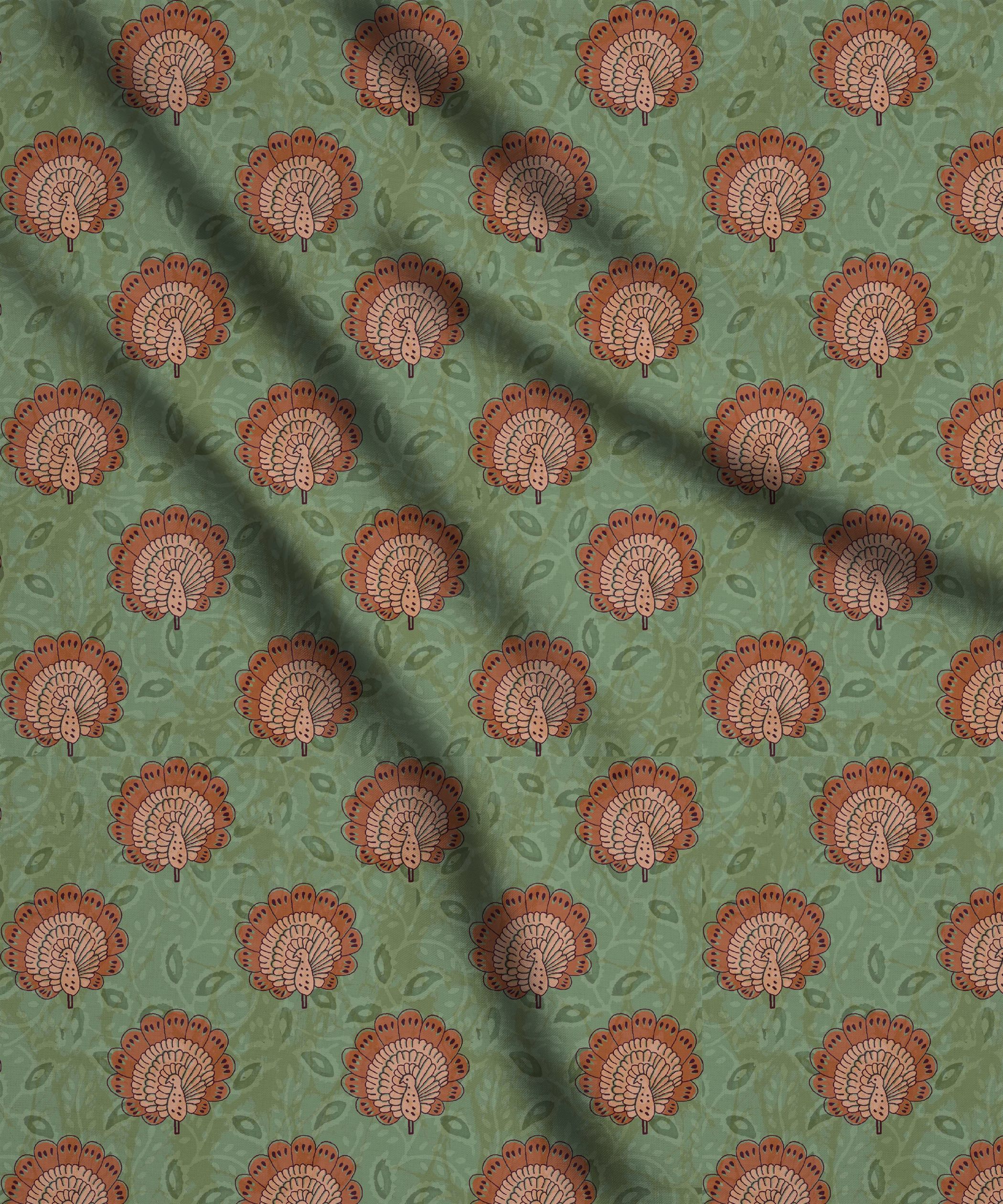 Pista Green-Orange Peacock Motif Print