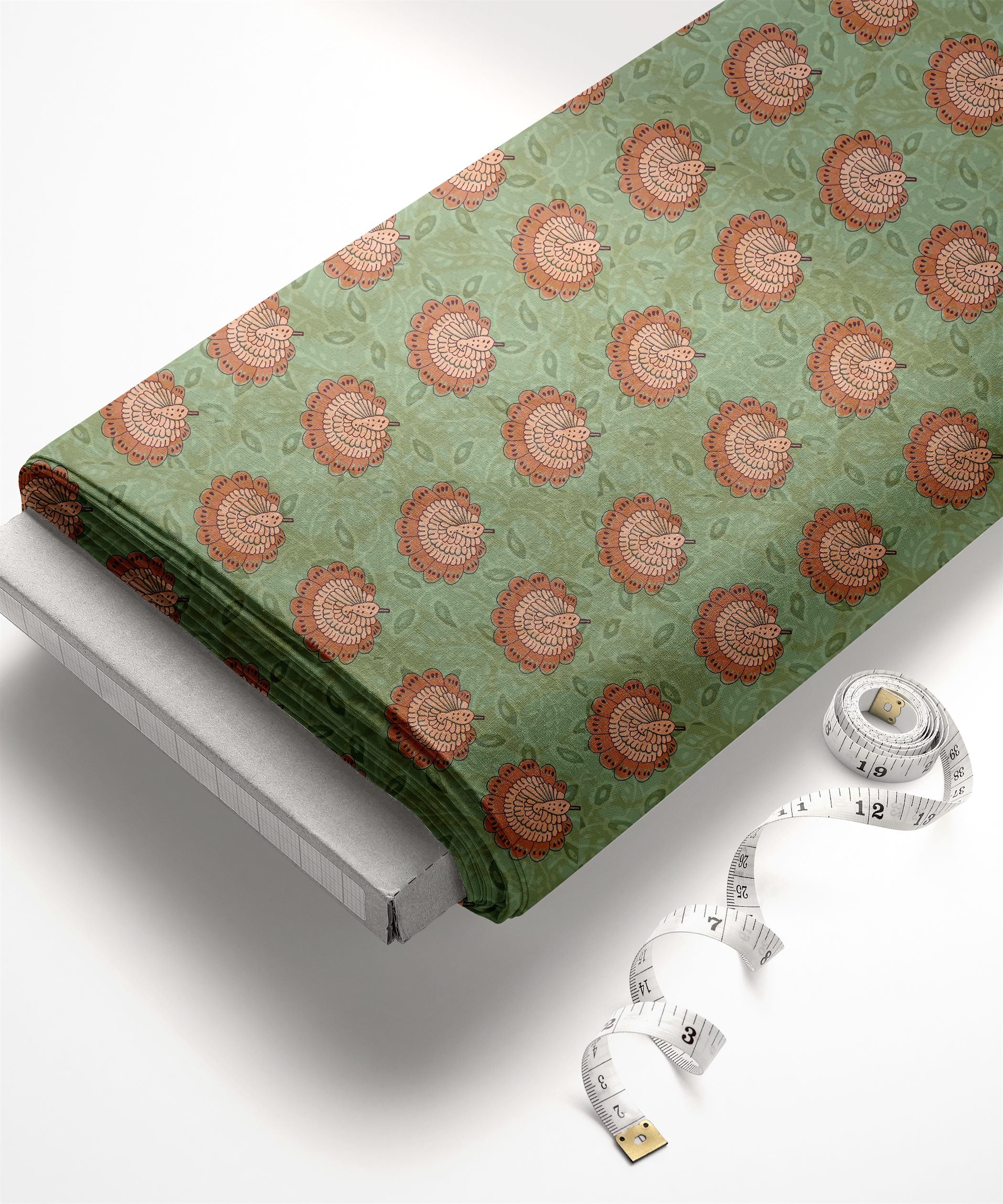 Pista Green-Orange Peacock Motif Print