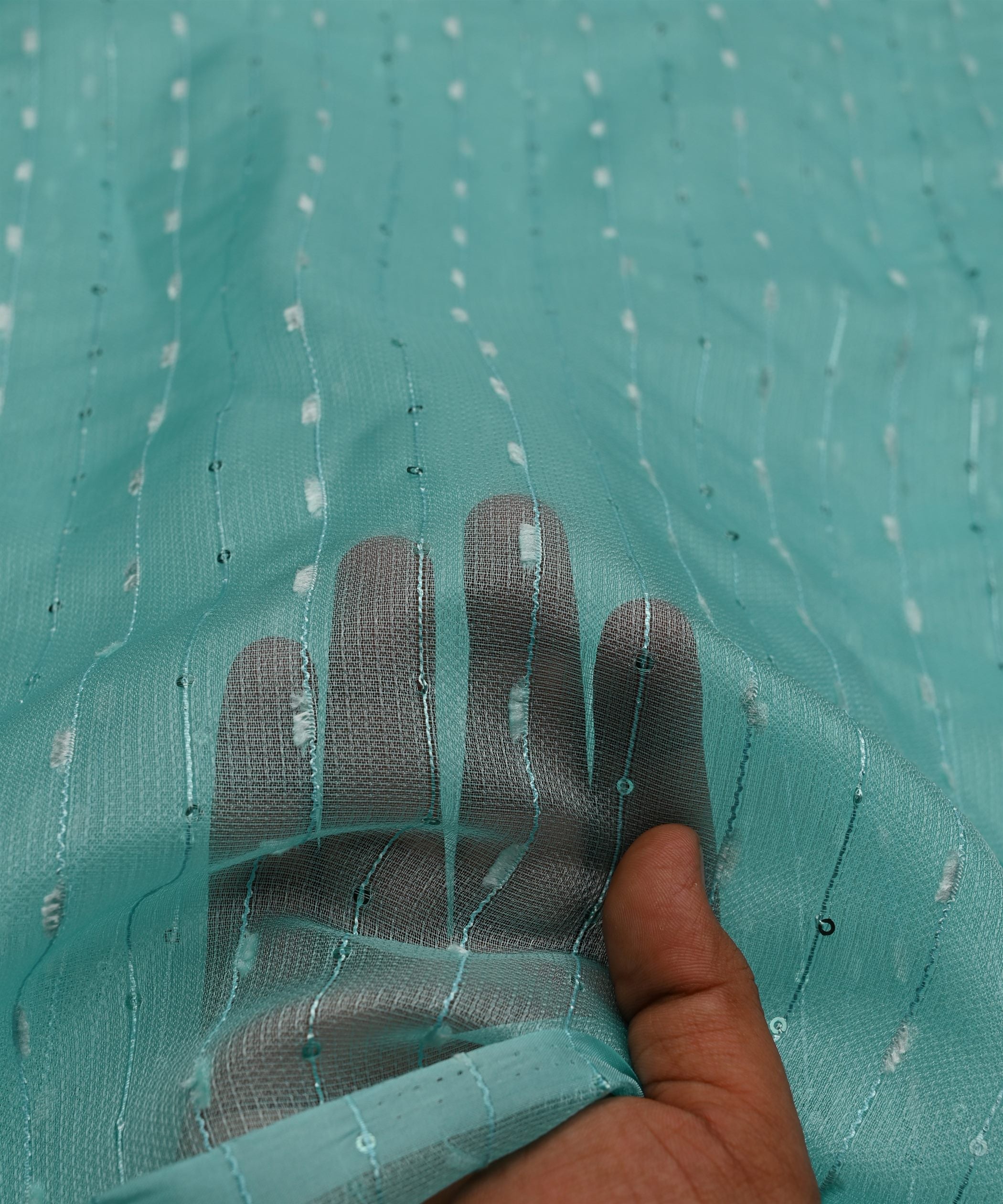 Aqua Blue Semi Net Fabric with Thread Sequin Lining
