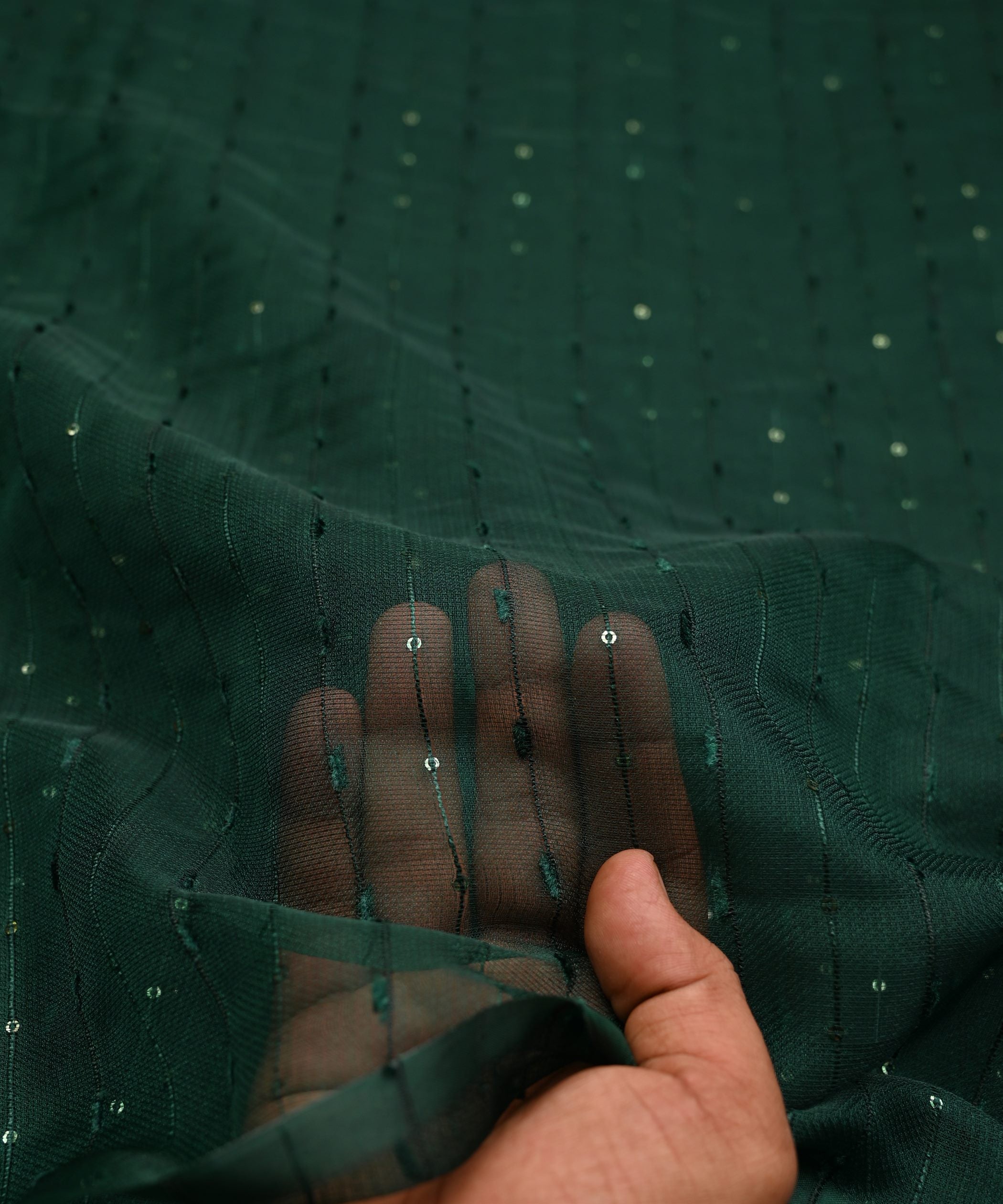 Dark Green Semi Net Fabric with Thread Sequin Lining