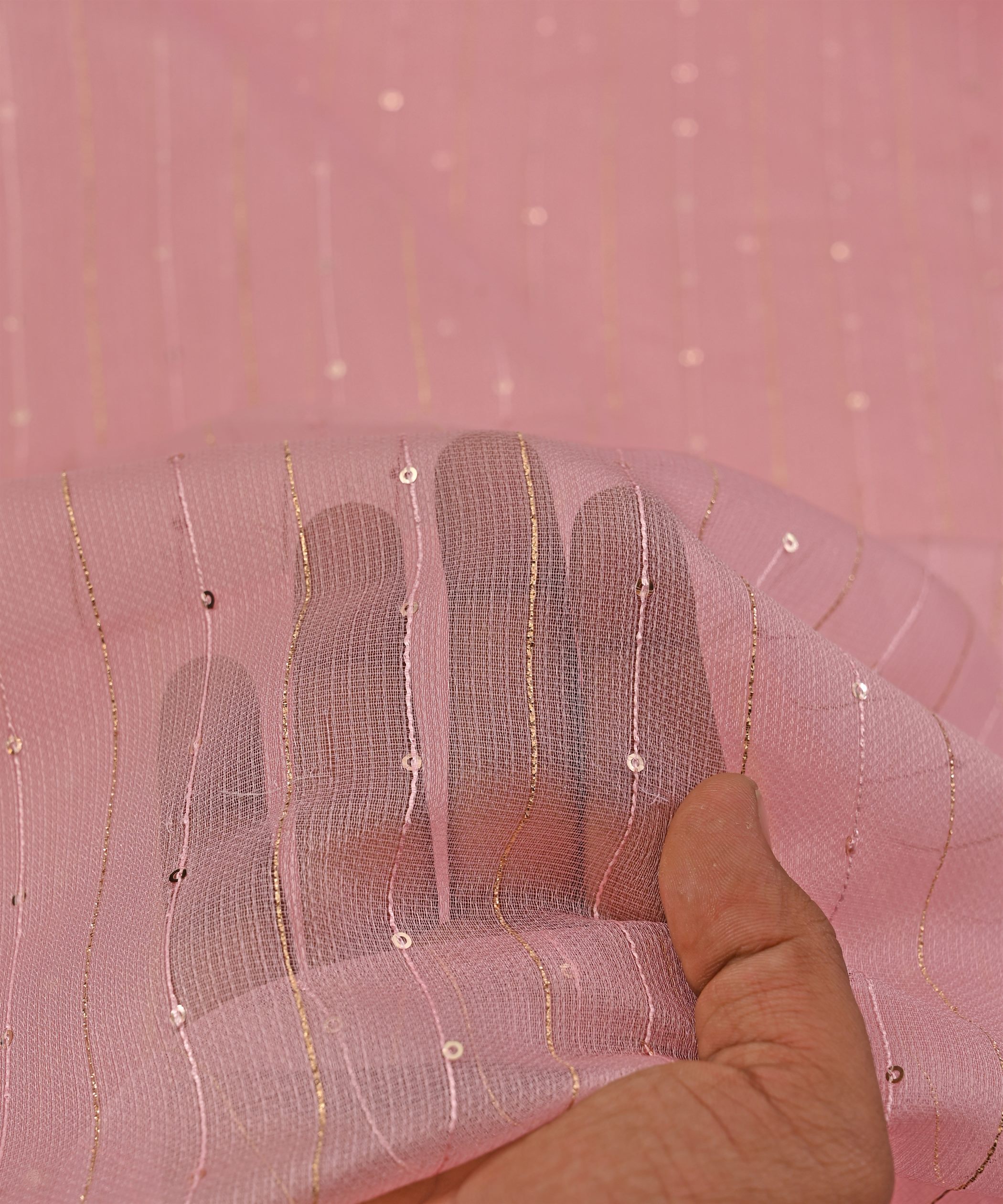 Peach Semi Net Fabric with Zari Sequin lining