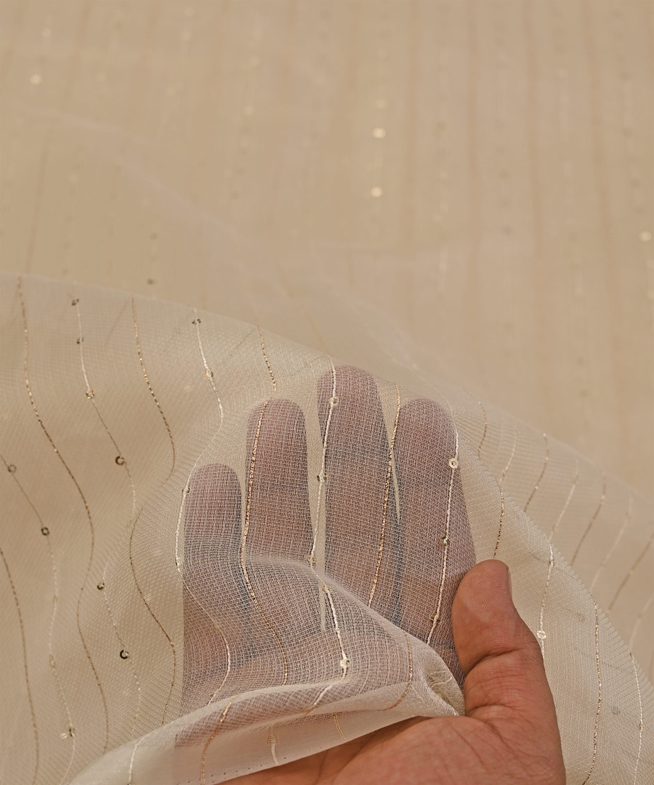 Beige Semi Net Fabric with Zari Sequin lining